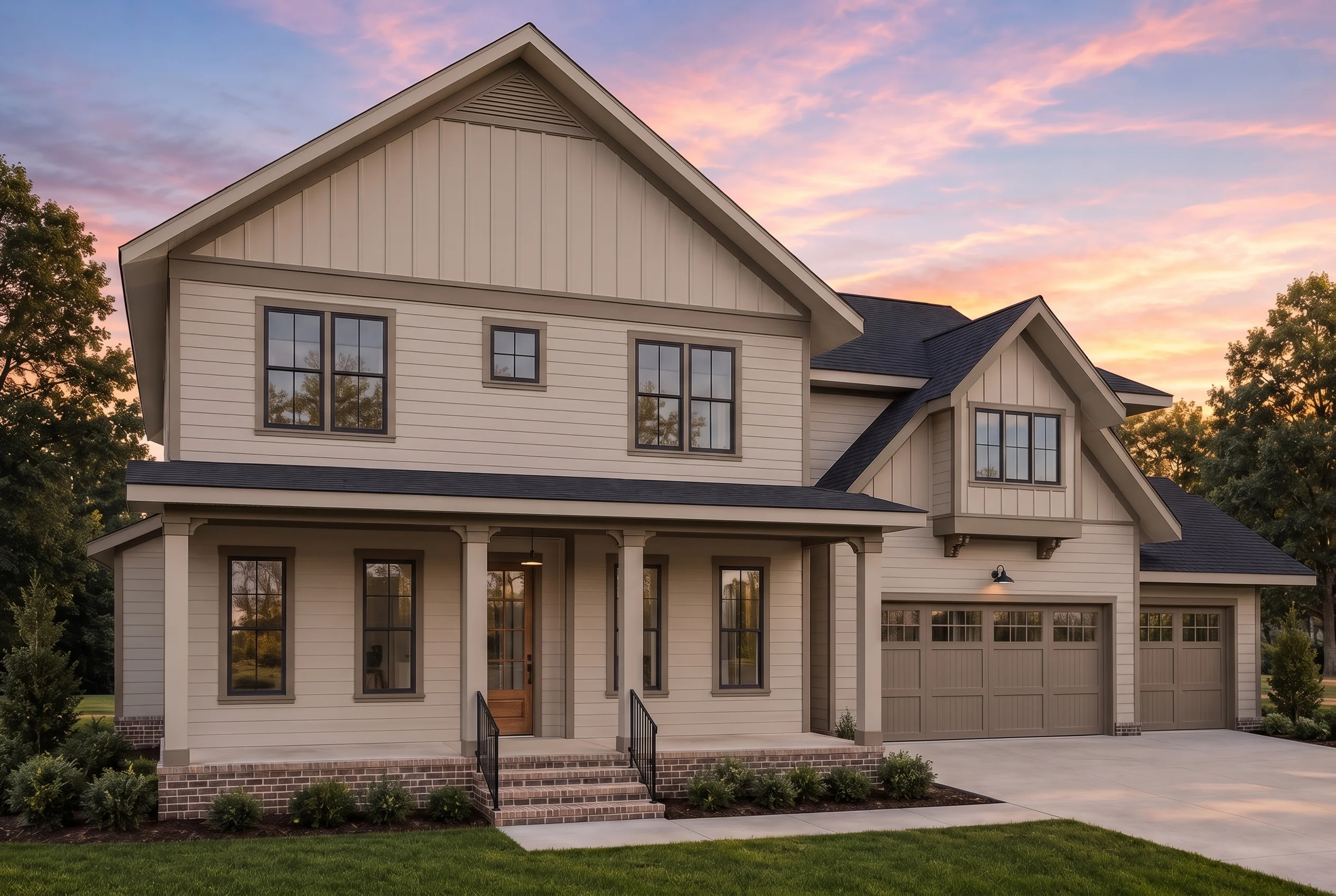 21-2986 HOUSE PLAN – Modern Farmhouse Home Plan – 4-Bed, 3-Bath, 3,907 SF - Mushroom Taupe, AI-generated exterior concept