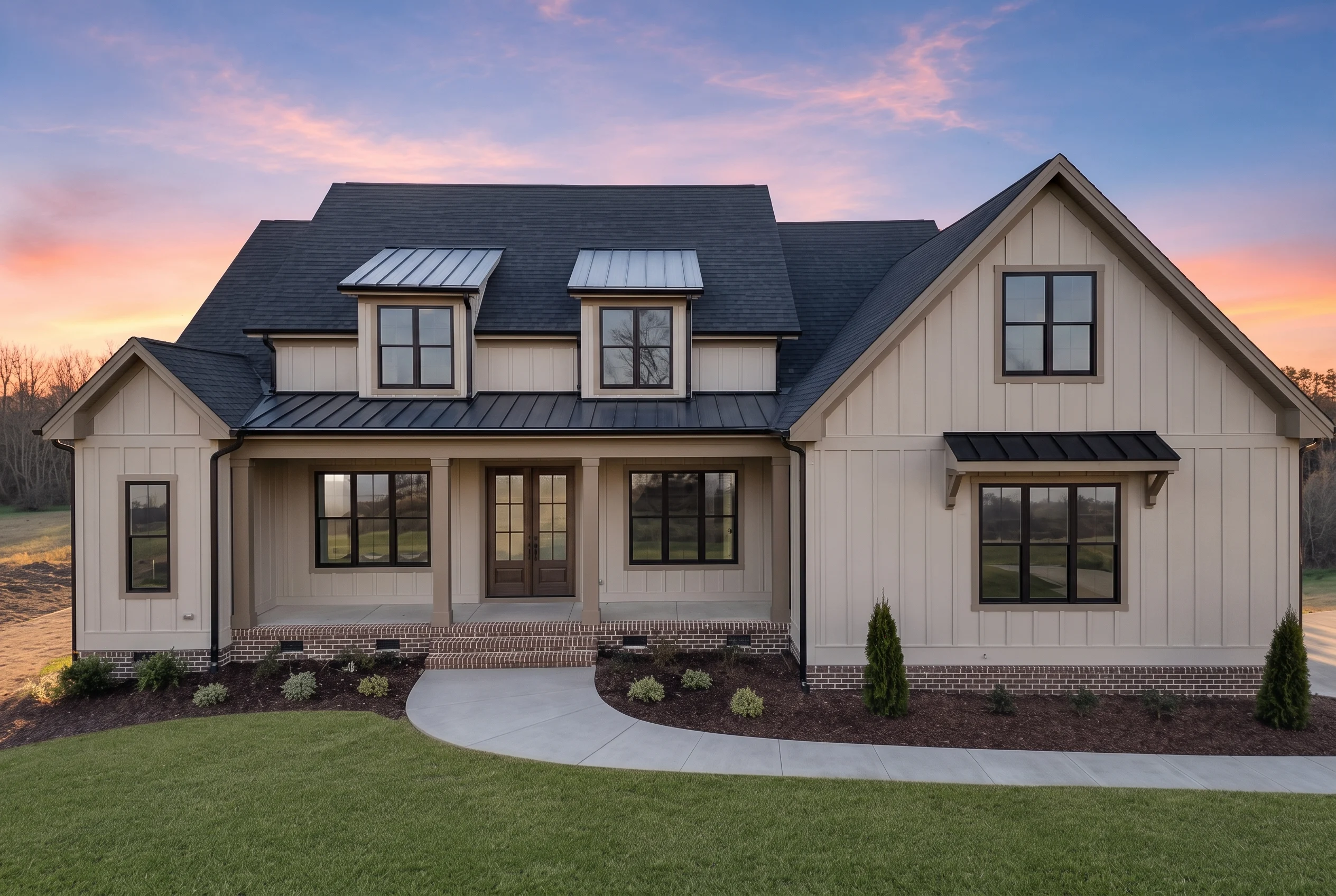 19-2465 HOUSE PLAN – Modern Farmhouse Home Plan – 4-Bed, 3.5-Bath, 3,237 SF - Mushroom Taupe, AI-generated exterior concept