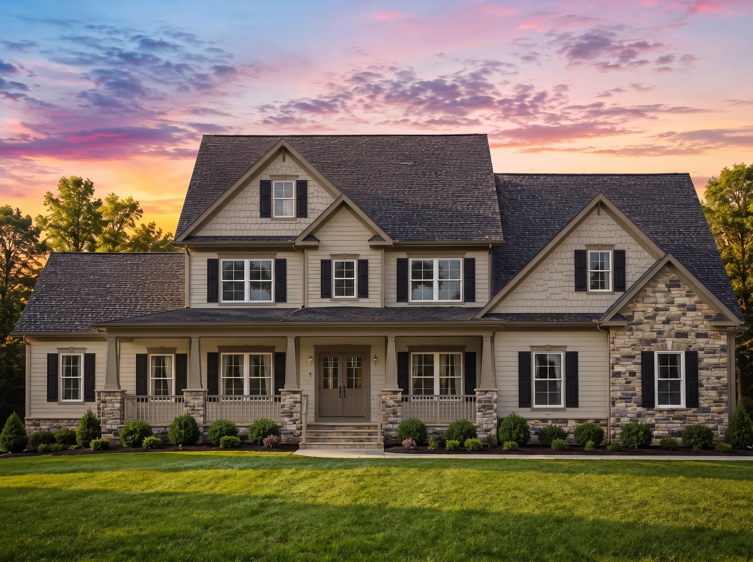 11-1236 HOUSE PLAN – Farmhouse Home Plan – 4-Bed, 3.5-Bath, 3,448 SF - Mushroom Taupe, AI-generated exterior concept