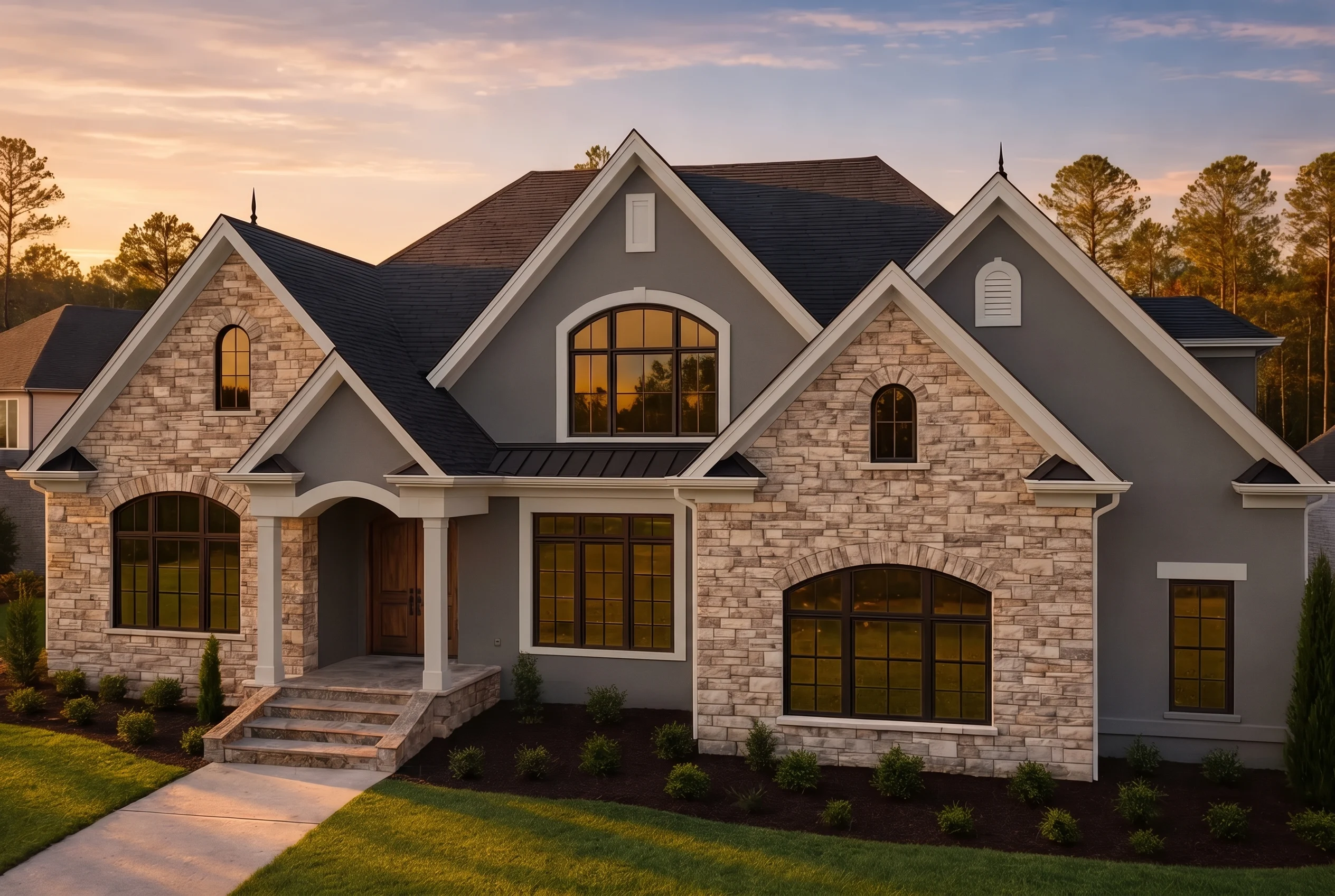 Plan  18-1874 – The Robinson Haven |  New American – 4-Bed, 3.5-Bath, 1,390 SF - Warm Charcoal, AI-generated exterior concept