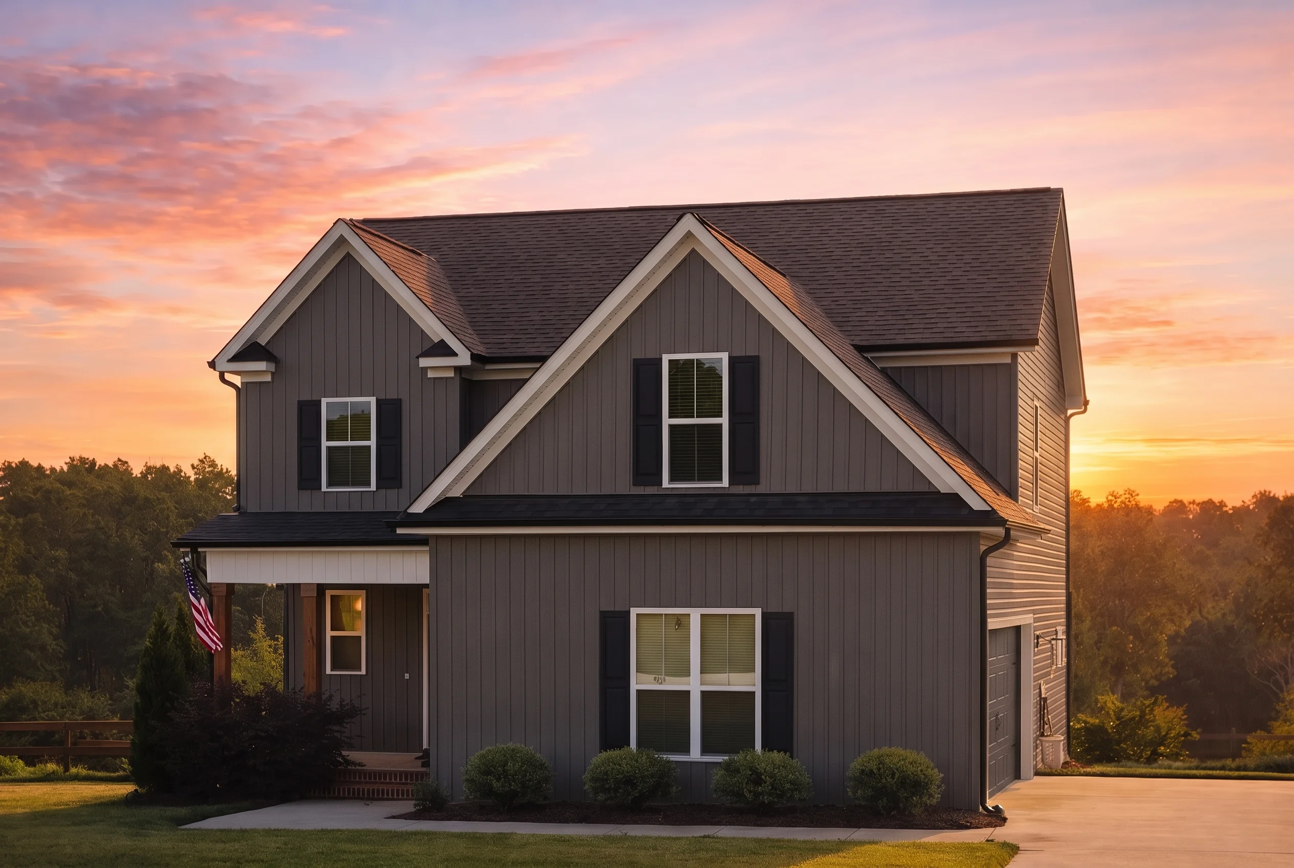 Plan  20-1392 – Morgan Place |  Modern Farmhouse – 4-Bed, 3.5-Bath, 1,955 SF - Warm Charcoal, AI-generated exterior concept