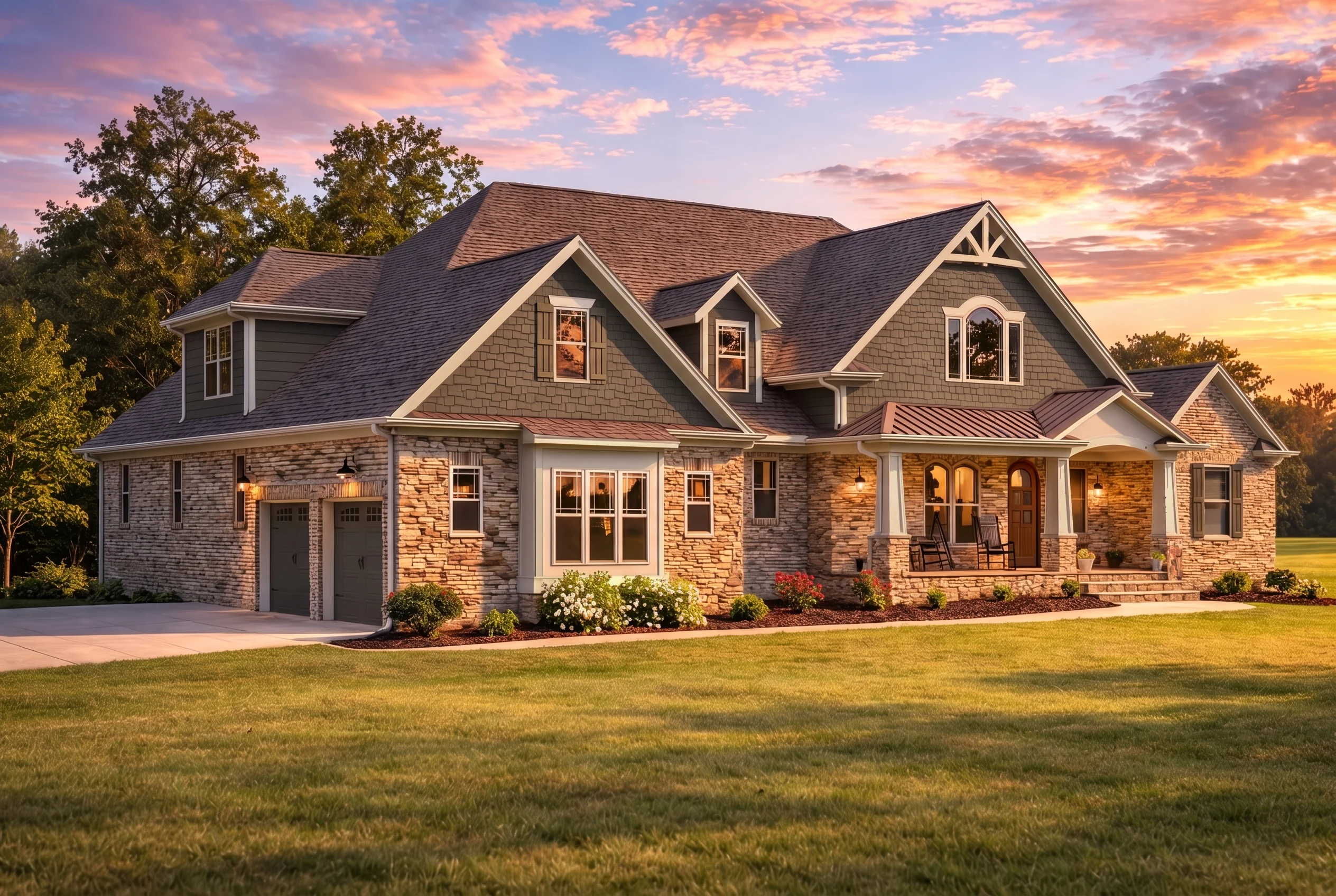 Plan  16-1066 – The Nelson Farmhouse  | New American – 4-Bed, 3.5-Bath, 3,977 SF - Warm Charcoal, AI-generated exterior concept