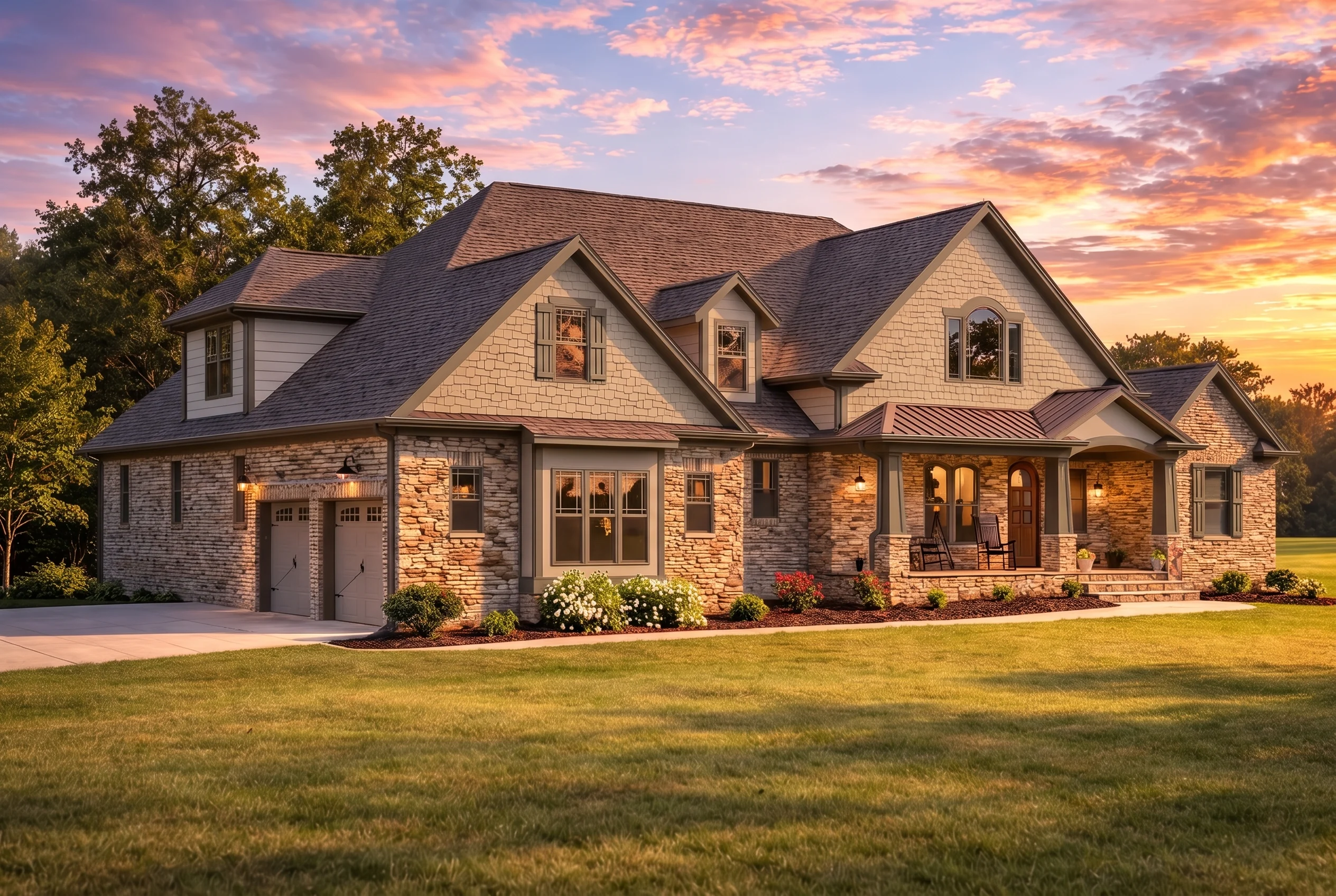 Plan  16-1066 – The Nelson Farmhouse  | New American – 4-Bed, 3.5-Bath, 3,977 SF - Mushroom Taupe, AI-generated exterior concept