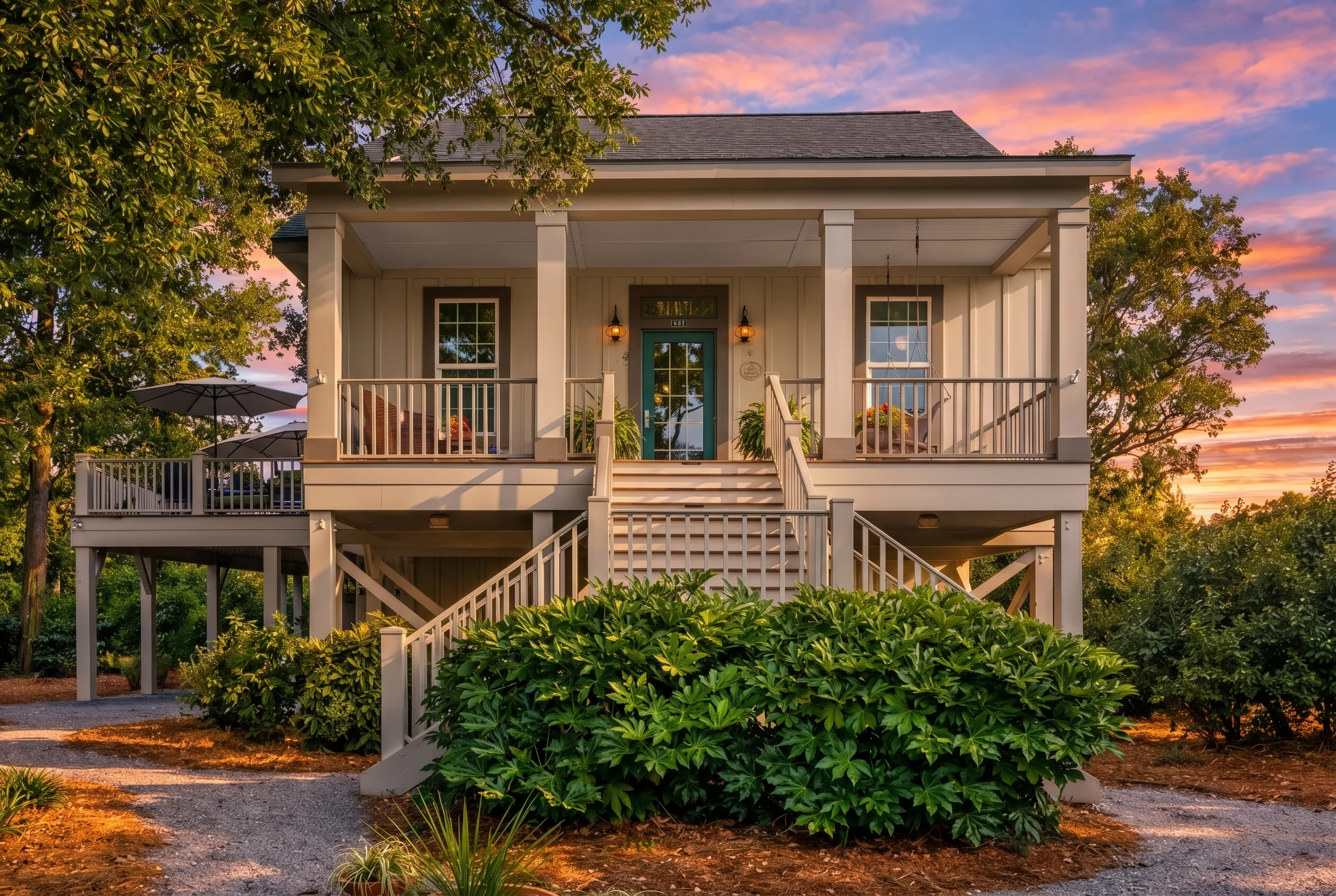 Plan  14-2119 – Laurel Brook Cottage  | Southern Low Country – 3-Bed, 2.5-Bath, 2,197 SF - Mushroom Taupe, AI-generated exterior concept