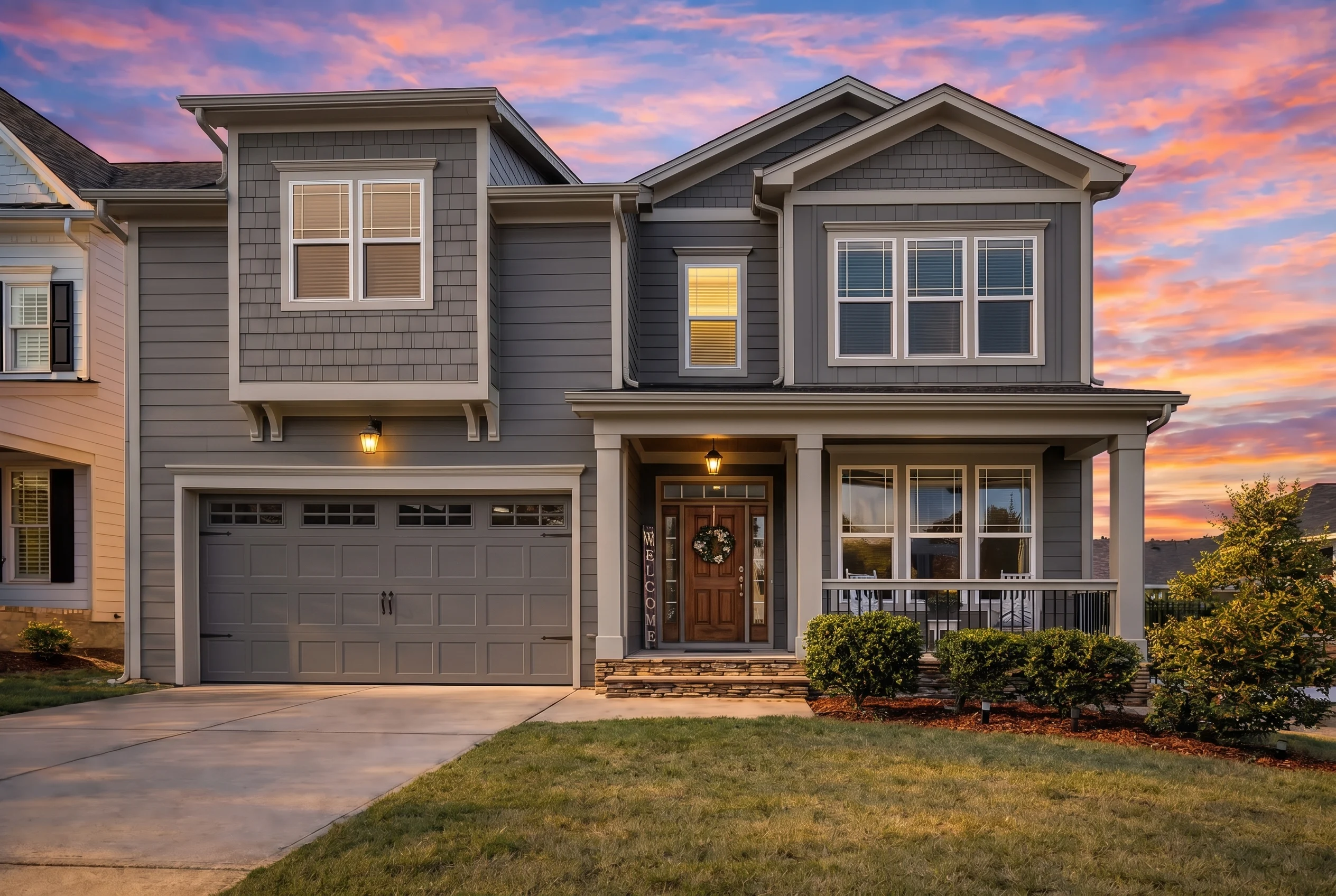 Plan  14-1055 – Birch Brook Pavilion  | Traditional Suburban – 5-Bed, 3-Bath, 3,018 SF - Warm Charcoal, AI-generated exterior concept