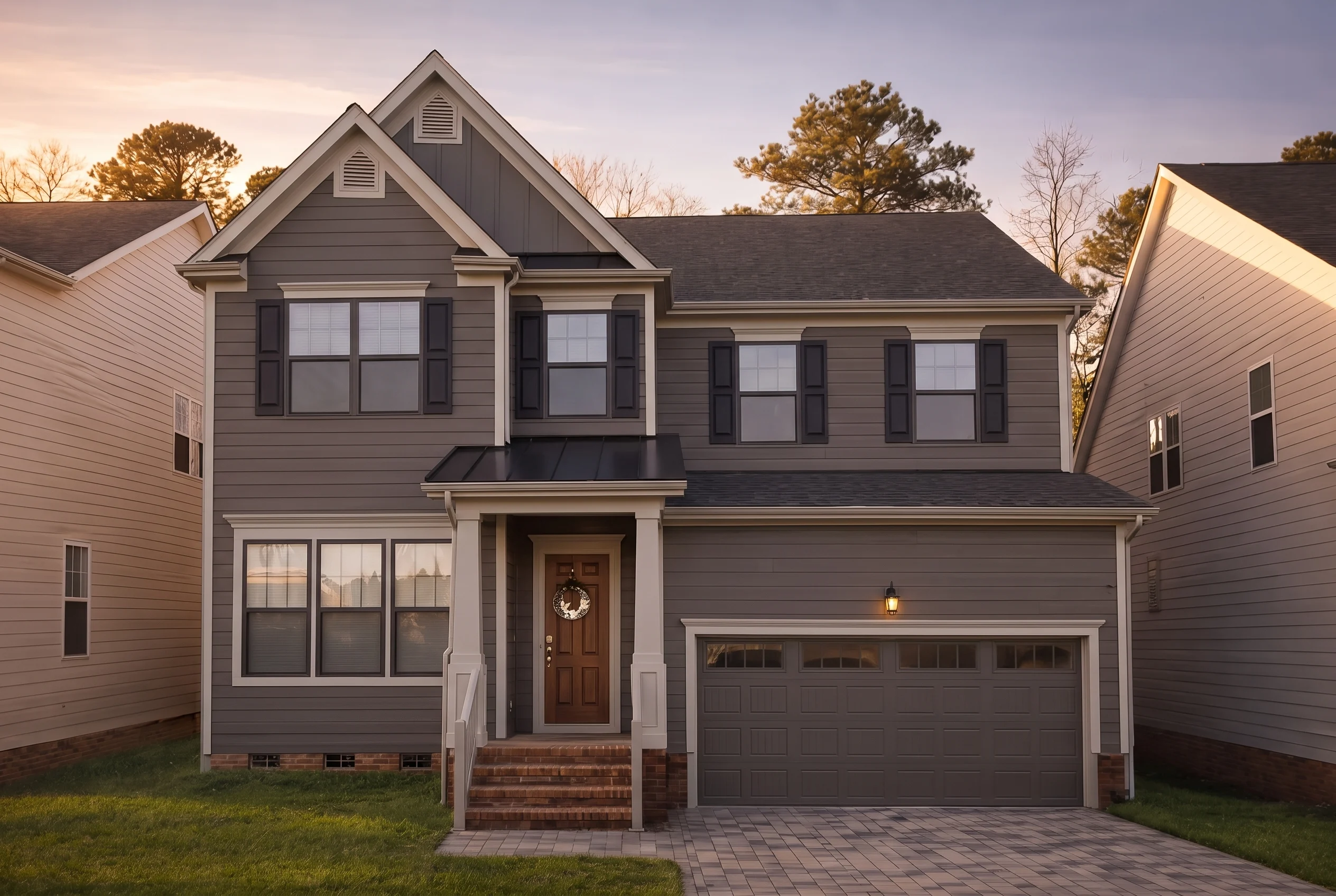 Plan  8-1704A – The Alexander House  | New American – 4-Bed, 3.5-Bath, 3,484 SF - Warm Charcoal, AI-generated exterior concept