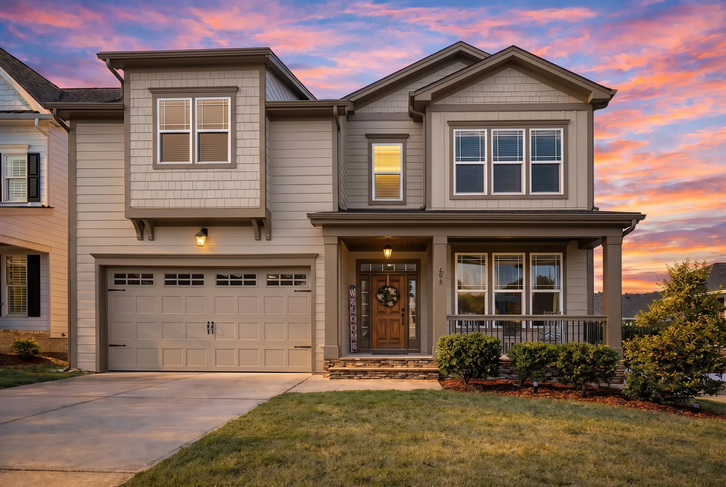 Plan  14-1055 – Birch Brook Pavilion  | Traditional Suburban – 5-Bed, 3-Bath, 3,018 SF - Mushroom Taupe, AI-generated exterior concept