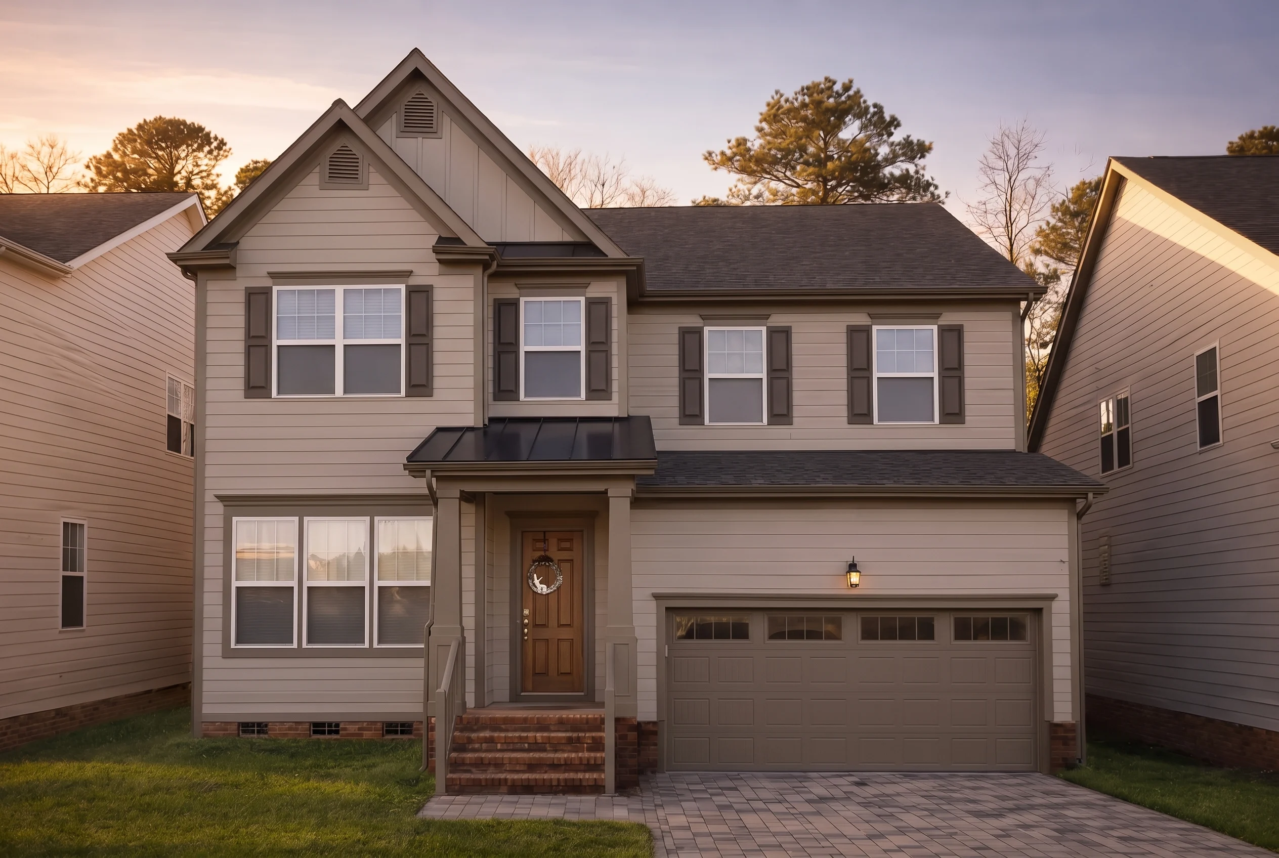 Plan  8-1704A – The Alexander House  | New American – 4-Bed, 3.5-Bath, 3,484 SF - Mushroom Taupe, AI-generated exterior concept