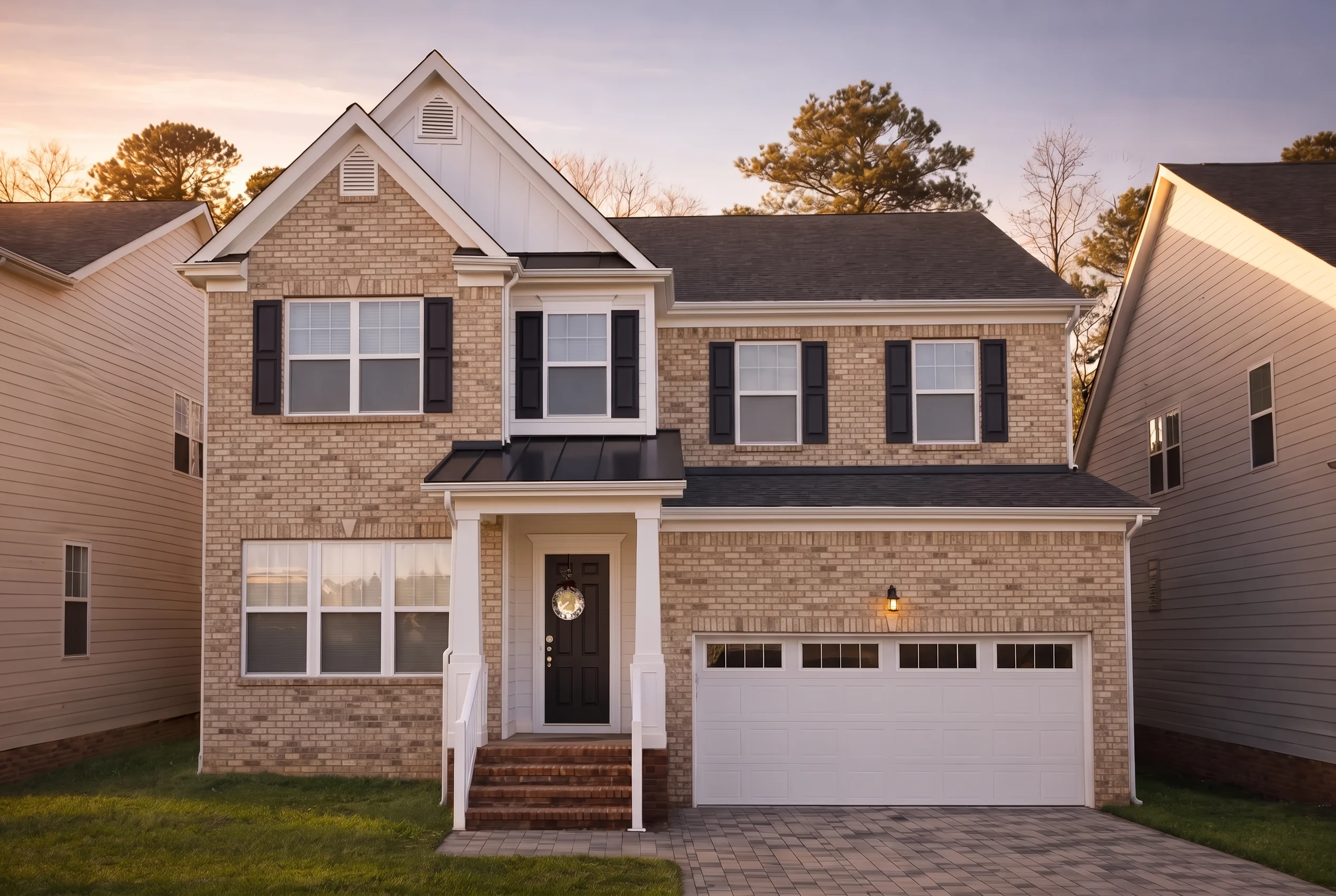 Plan  8-1704A – The Alexander House  | New American – 4-Bed, 3.5-Bath, 3,484 SF - Natural Brick, AI-generated exterior concept
