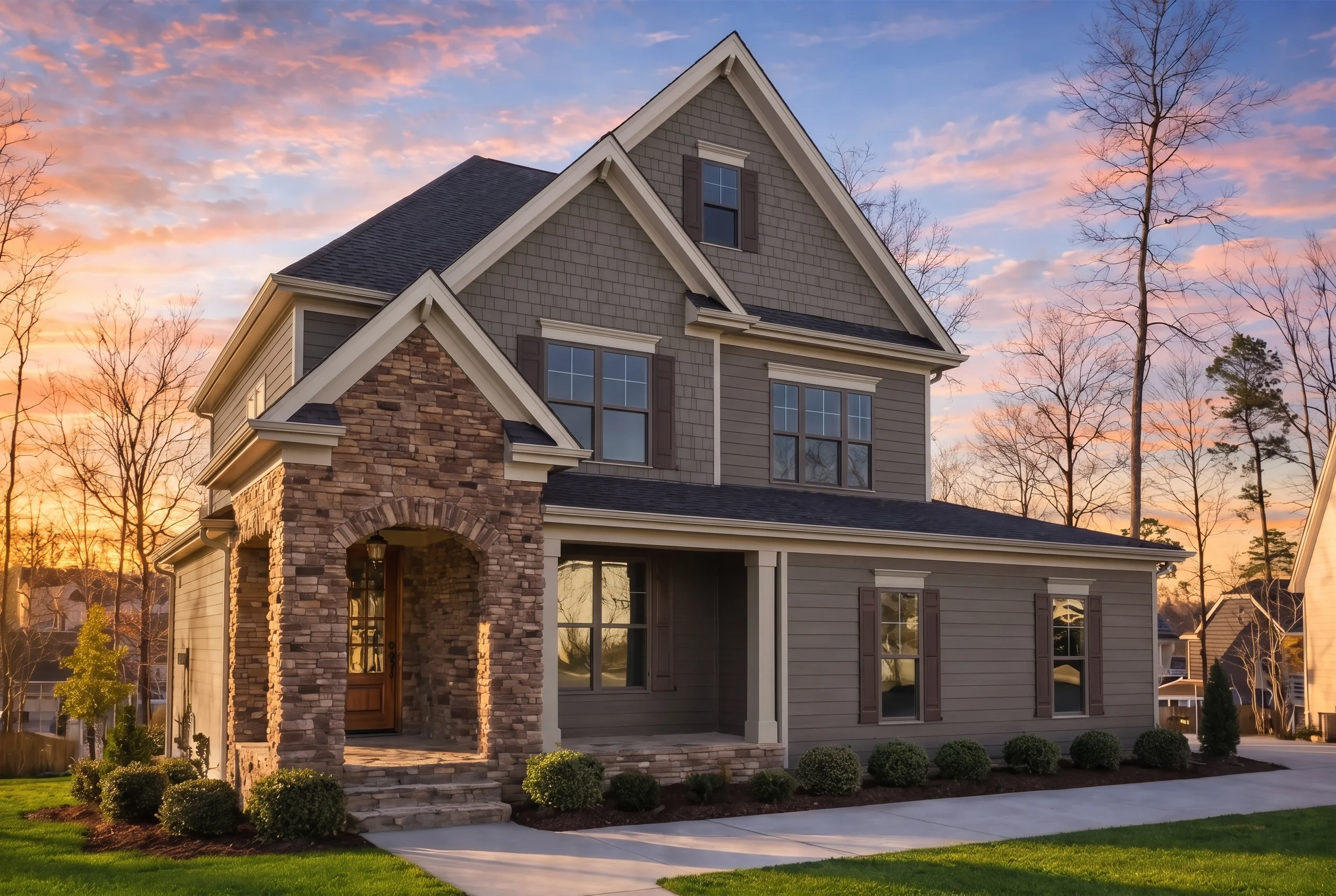 Plan  13-1657 – Pine Ridge House |  New American – 5-Bed, 3.5-Bath, 2,920 SF - Warm Charcoal, AI-generated exterior concept