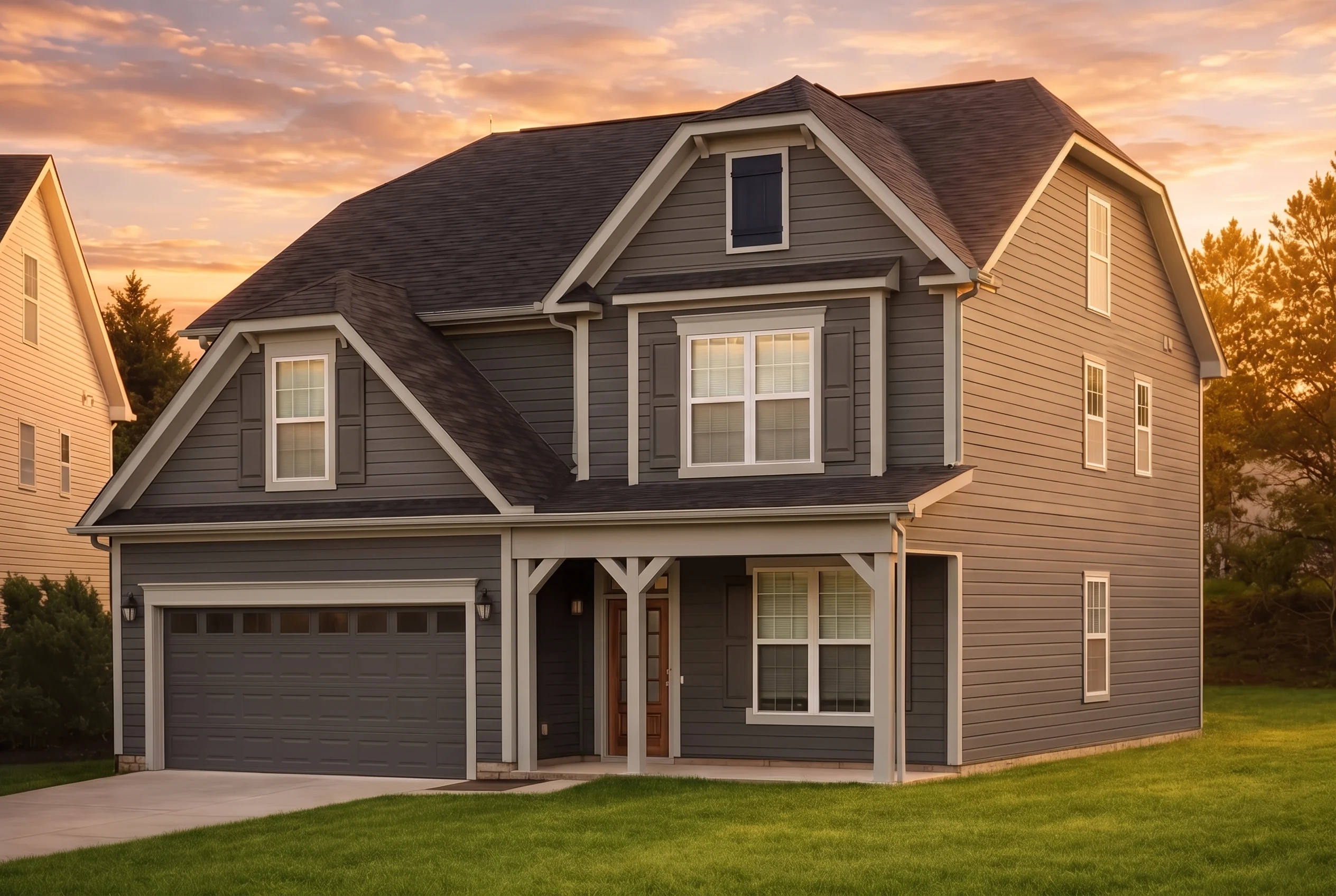 Plan  12-1002 – Hazel Grove Manor |  New American – 3-Bed, 3.5-Bath, 2,323 SF - Warm Charcoal, AI-generated exterior concept