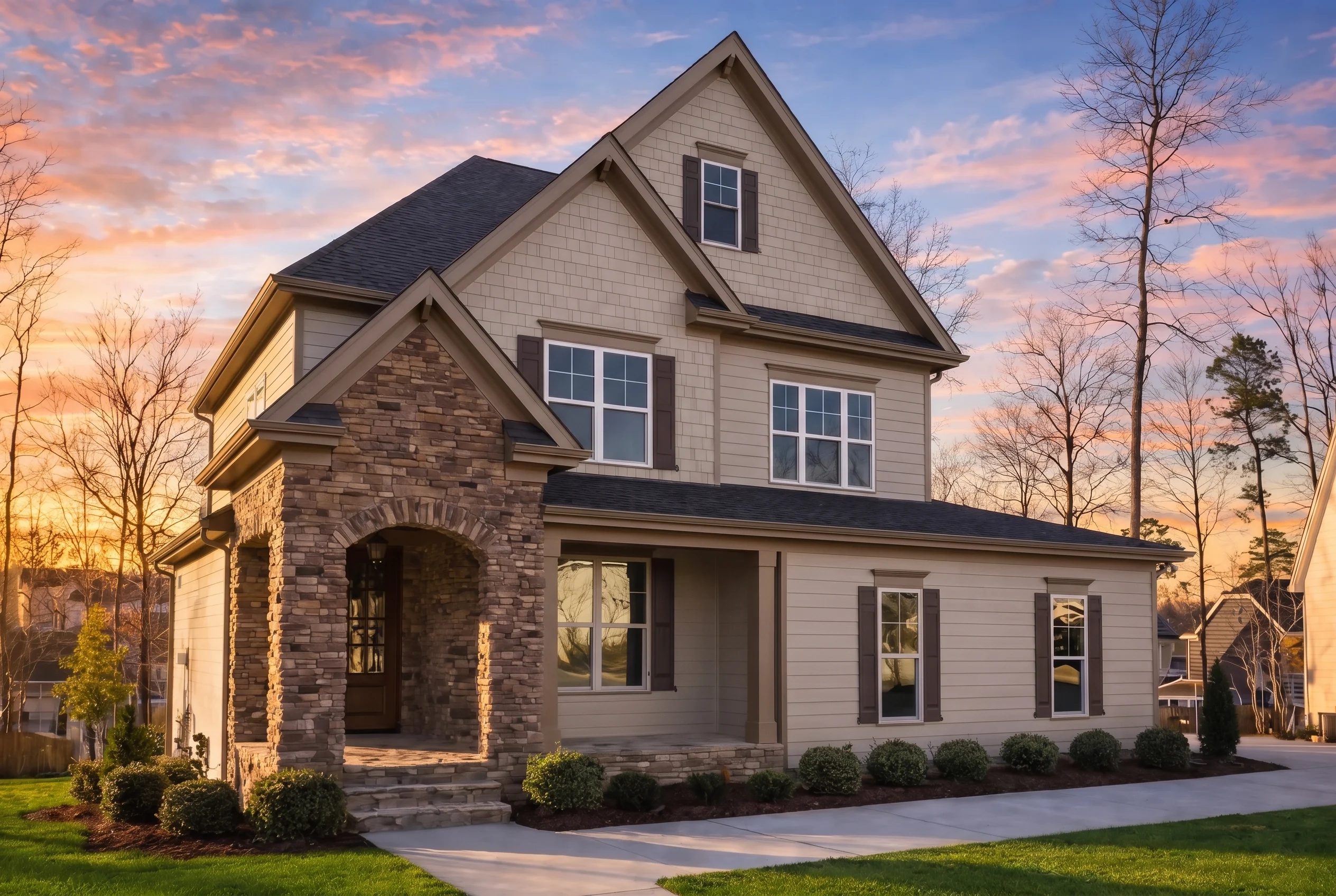Plan  13-1657 – Pine Ridge House |  New American – 5-Bed, 3.5-Bath, 2,920 SF - Mushroom Taupe, AI-generated exterior concept