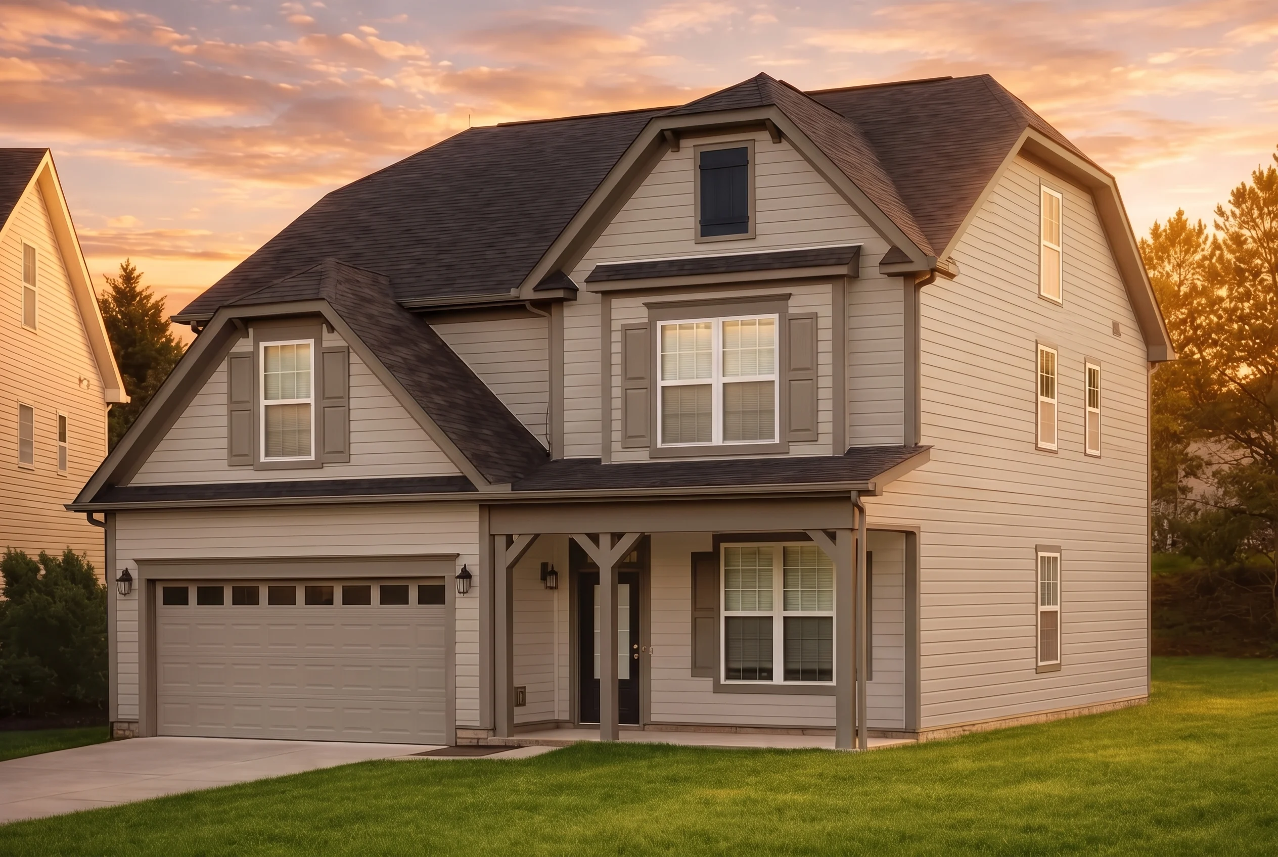 Plan  12-1002 – Hazel Grove Manor |  New American – 3-Bed, 3.5-Bath, 2,323 SF - Mushroom Taupe, AI-generated exterior concept
