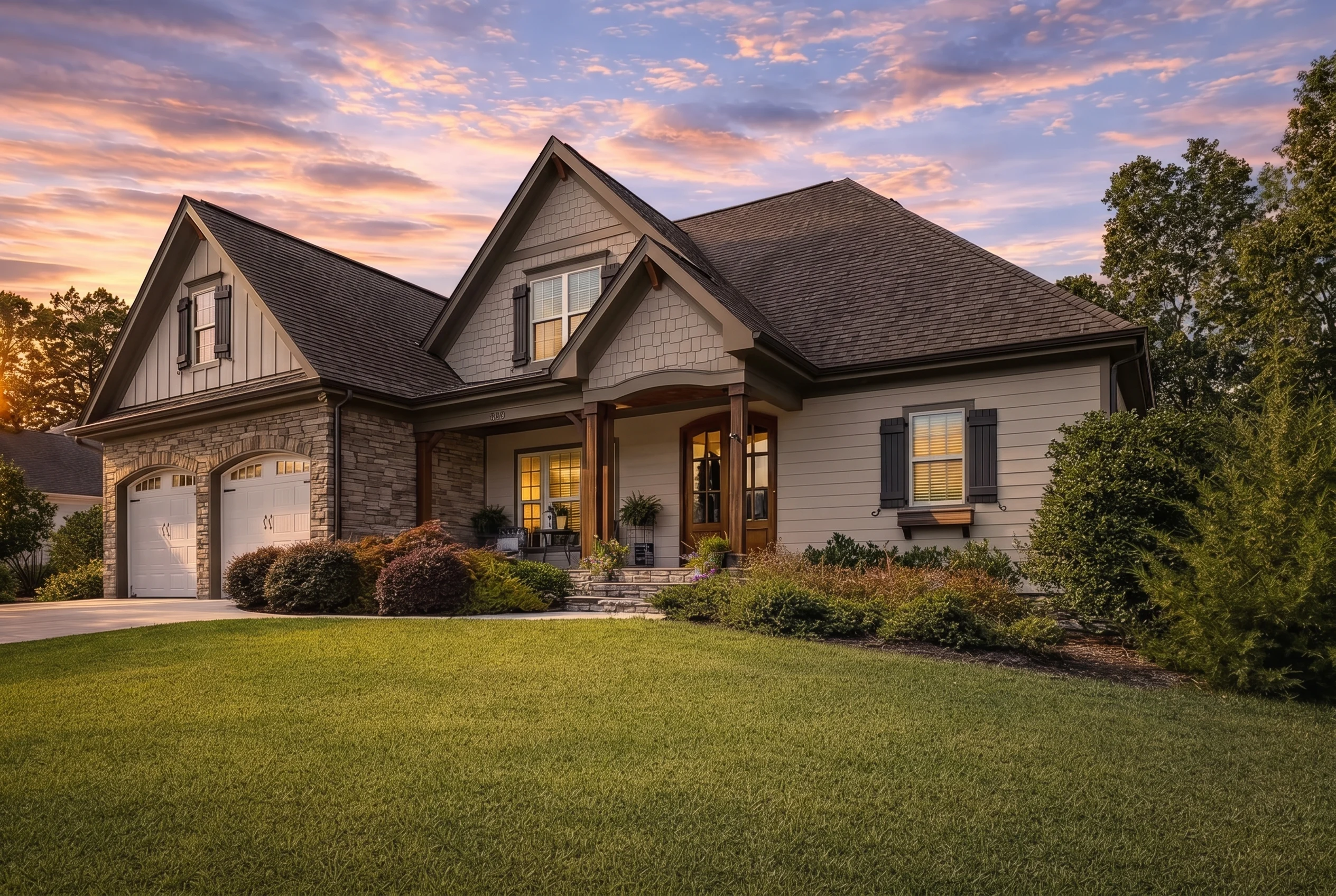 Plan  12-2667 – Maple Brook Cottage  | New American – 5-Bed, 4-Bath, 3,191 SF - Mushroom Taupe, AI-generated exterior concept