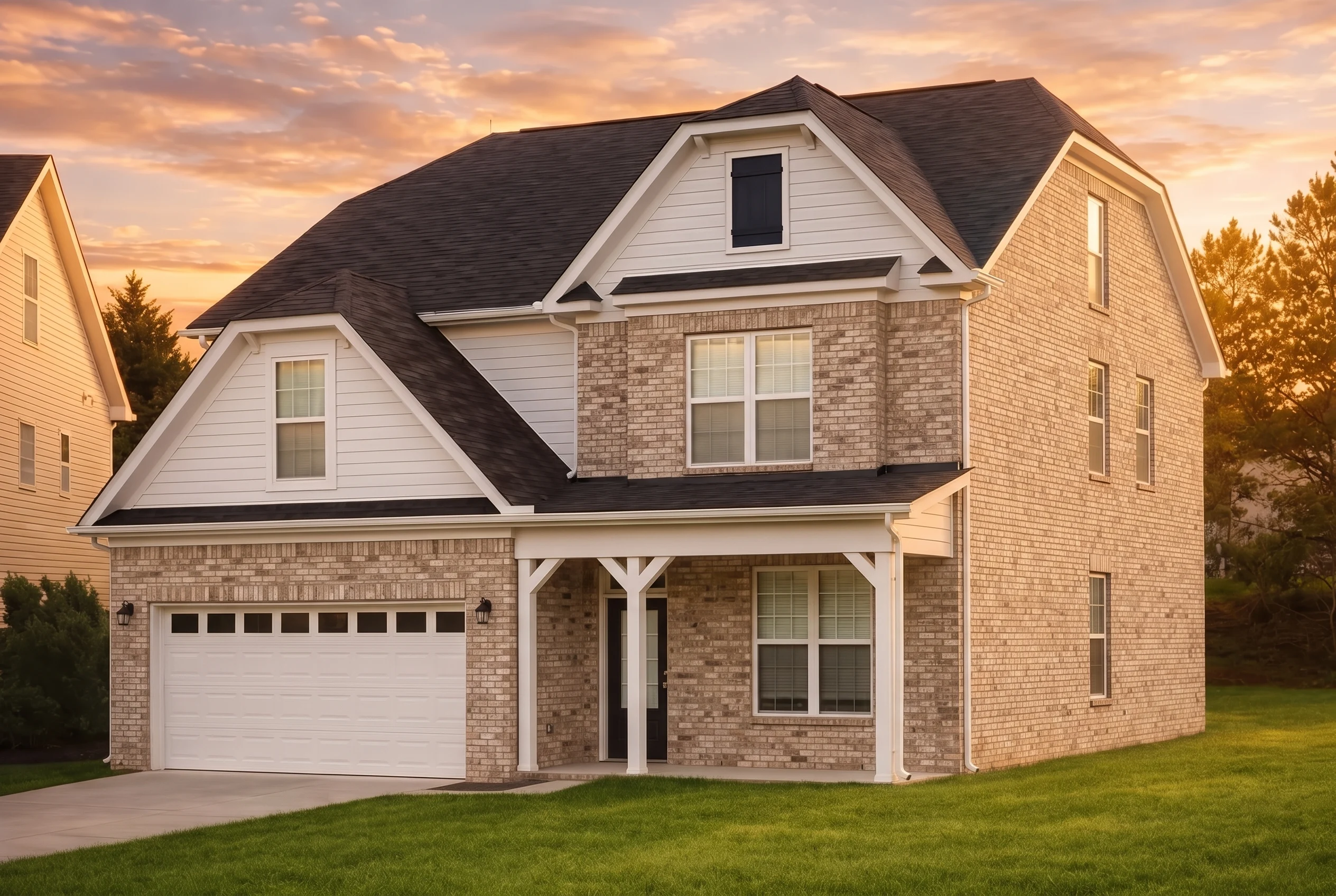 Plan  12-1002 – Hazel Grove Manor |  New American – 3-Bed, 3.5-Bath, 2,323 SF - Natural Brick, AI-generated exterior concept