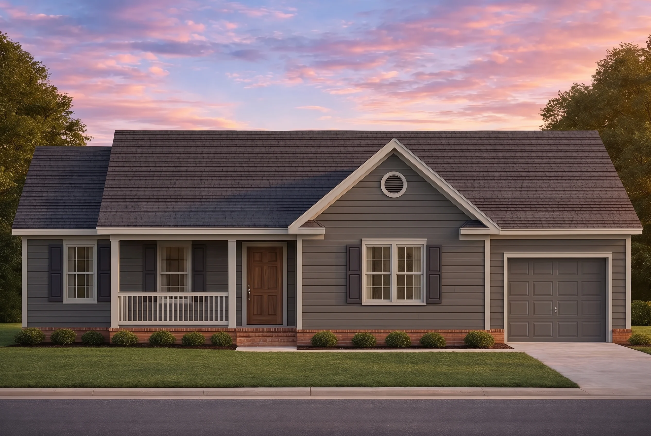 Plan  10-1374 – Eliza | Traditional  Ranch – 3-Bed, 2-Bath, 1,254 SF - Warm Charcoal, AI-generated exterior concept