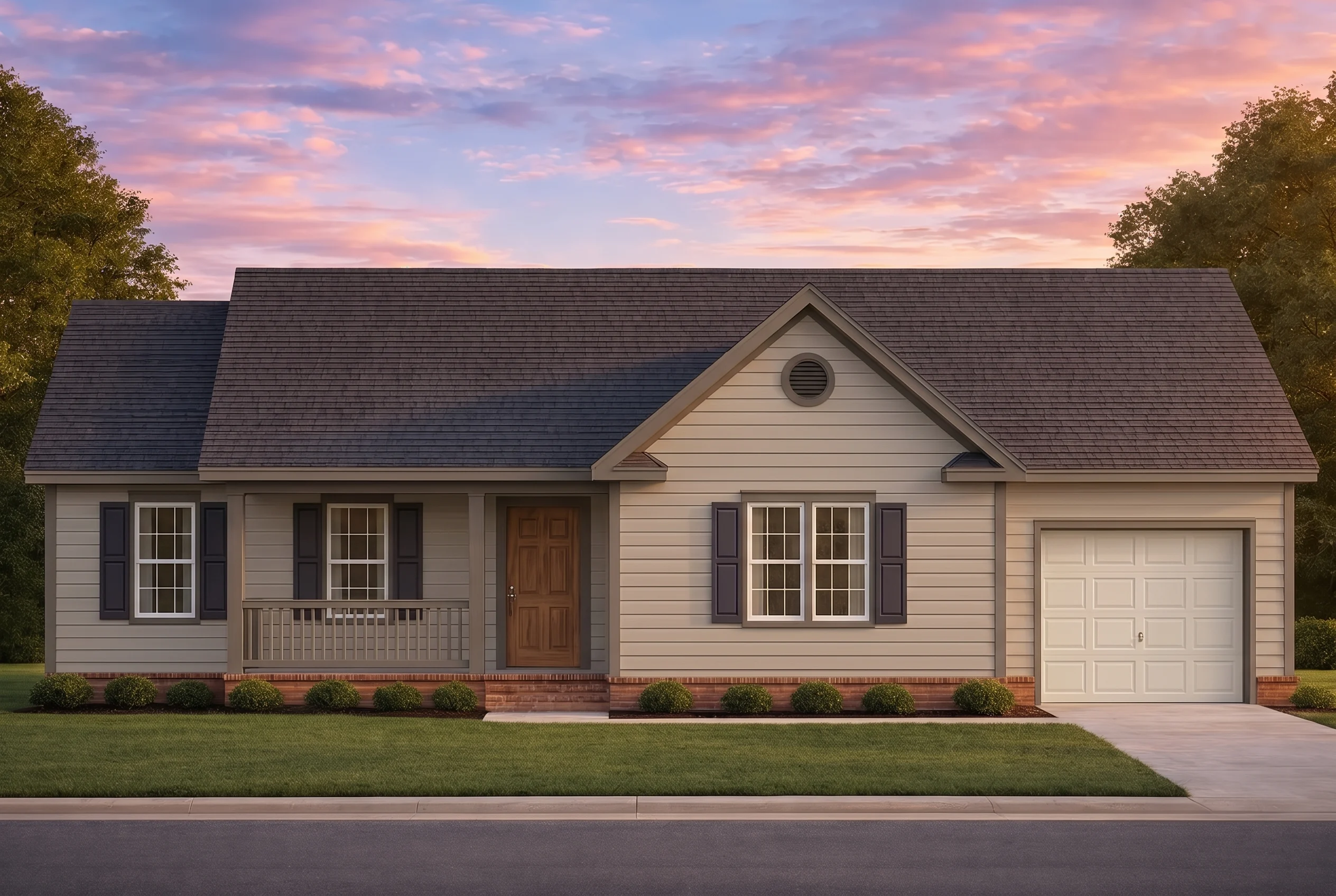 Plan  10-1374 – Eliza | Traditional  Ranch – 3-Bed, 2-Bath, 1,254 SF - Mushroom Taupe, AI-generated exterior concept