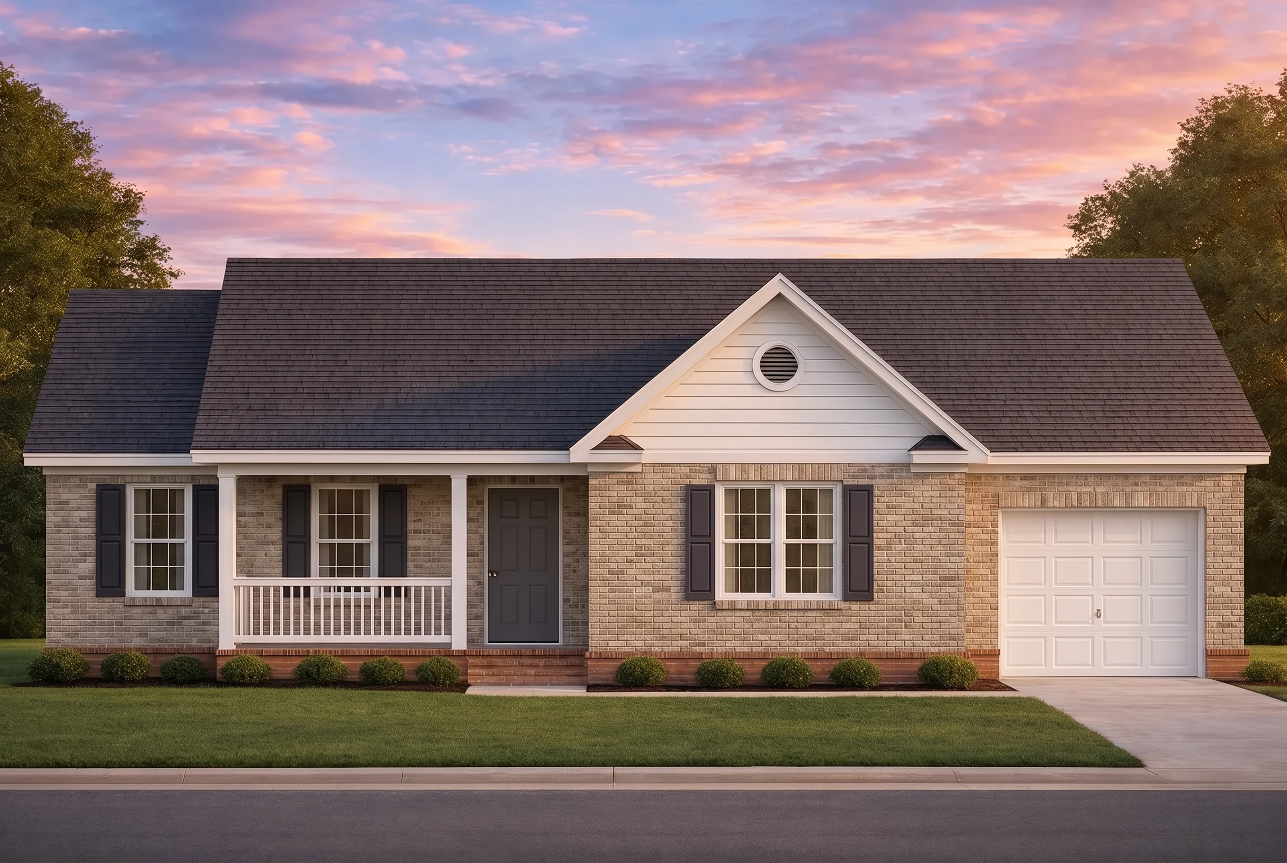 Plan  10-1374 – Eliza | Traditional  Ranch – 3-Bed, 2-Bath, 1,254 SF - Natural Brick, AI-generated exterior concept