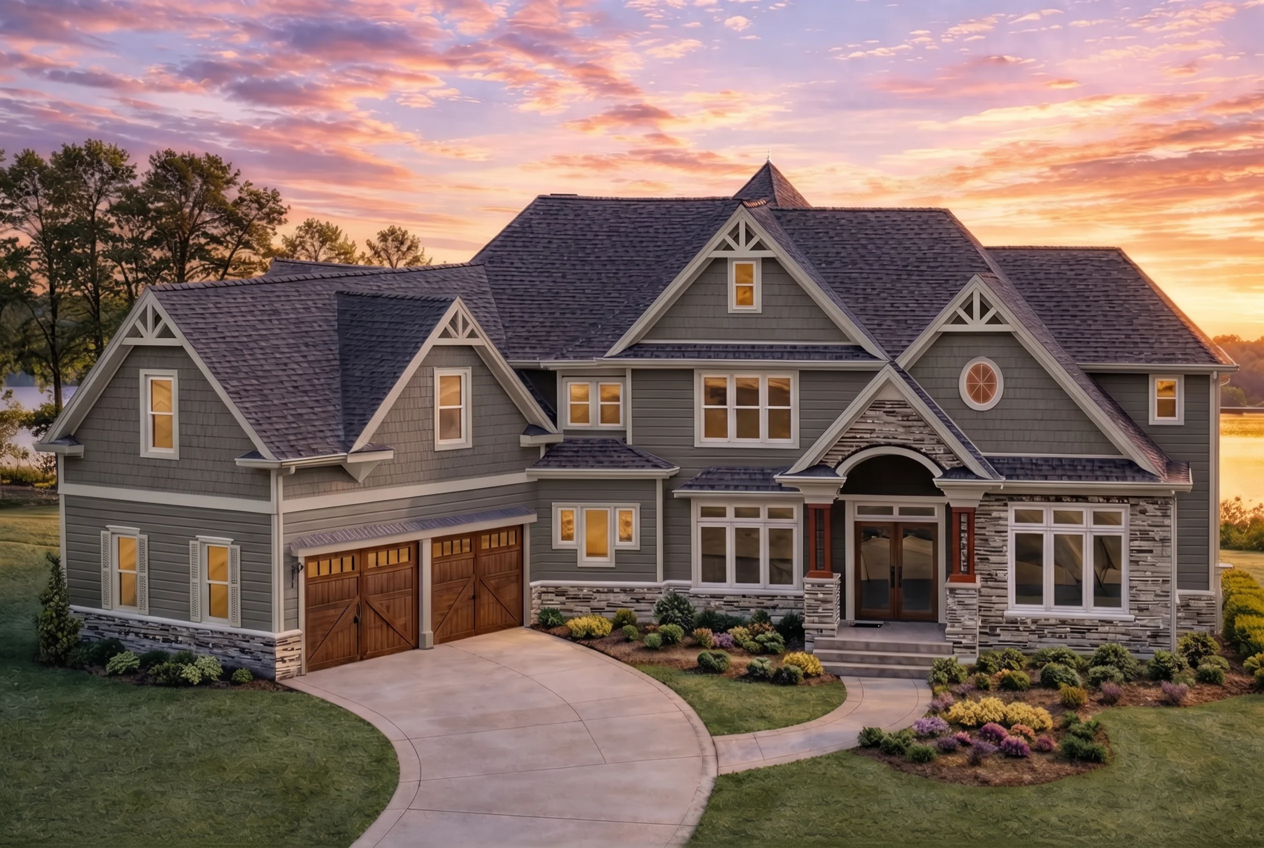 Plan  8-1697 – Bryant Retreat | New  American – 4-Bed, 4-Bath, 5,350 SF - Warm Charcoal, AI-generated exterior concept