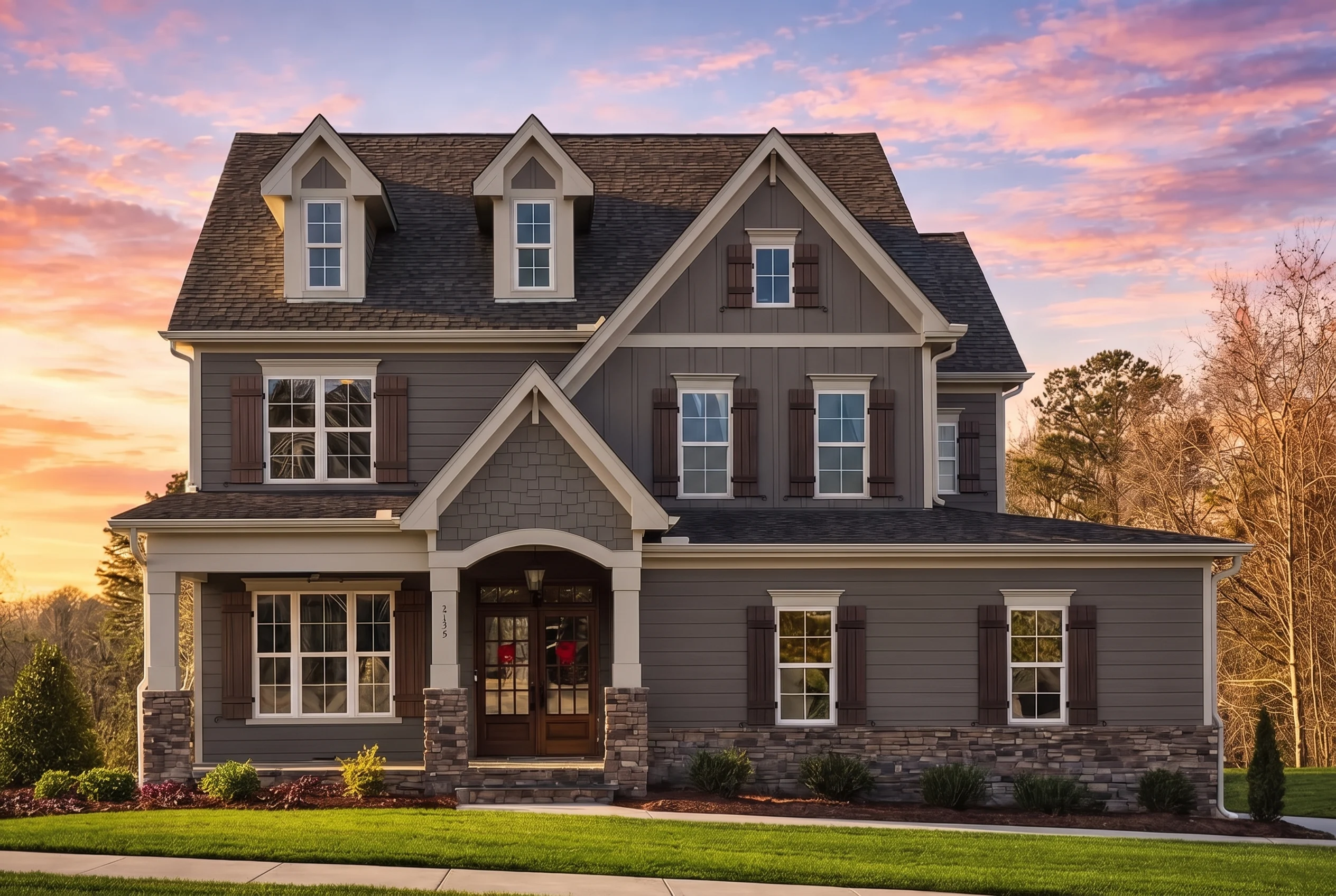 Plan  14-1396 – Poplar Springs Manor  | New American – 5-Bed, 4-Bath, 2,659 SF - Warm Charcoal, AI-generated exterior concept