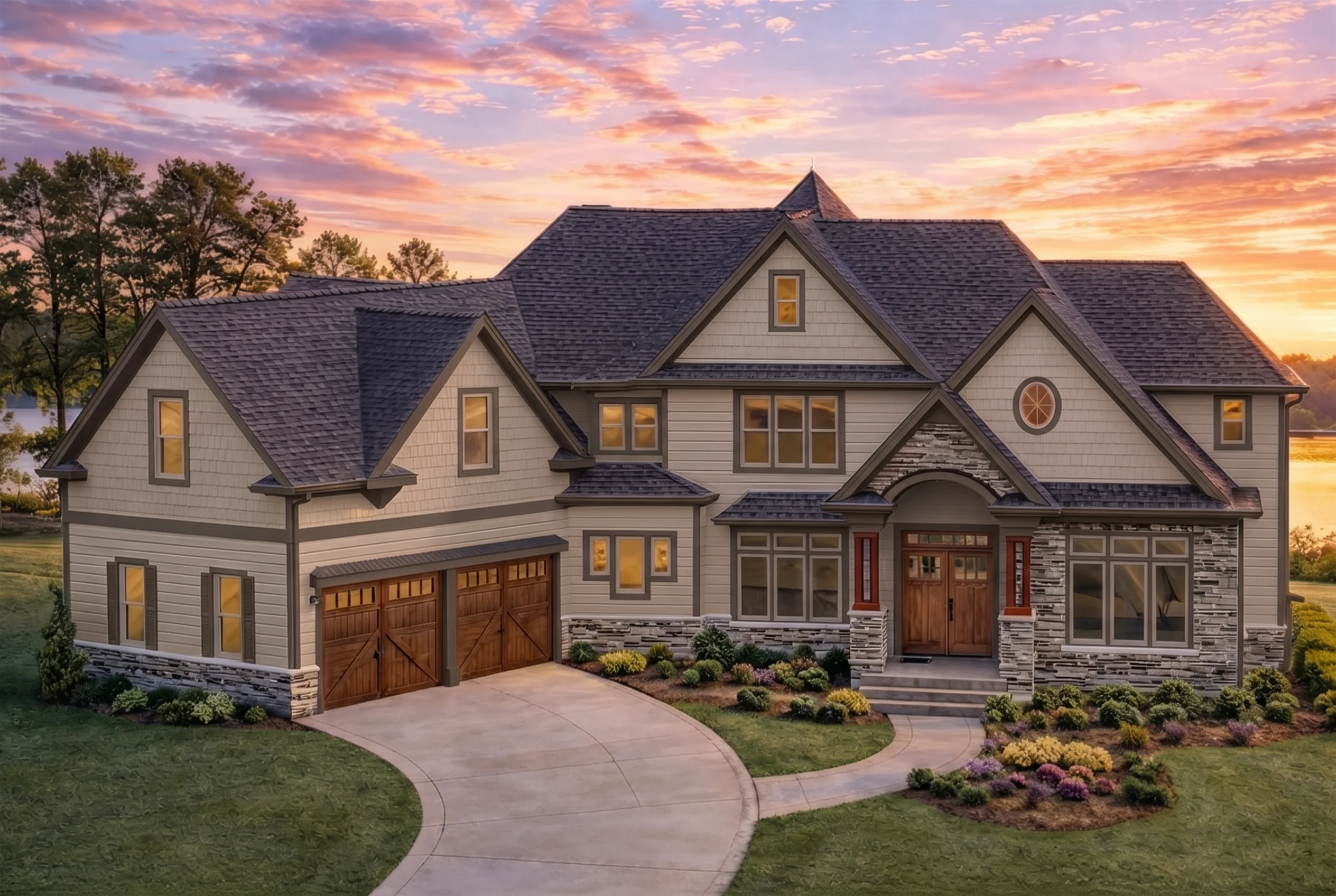 Plan  8-1697 – Bryant Retreat | New  American – 4-Bed, 4-Bath, 5,350 SF - Mushroom Taupe, AI-generated exterior concept