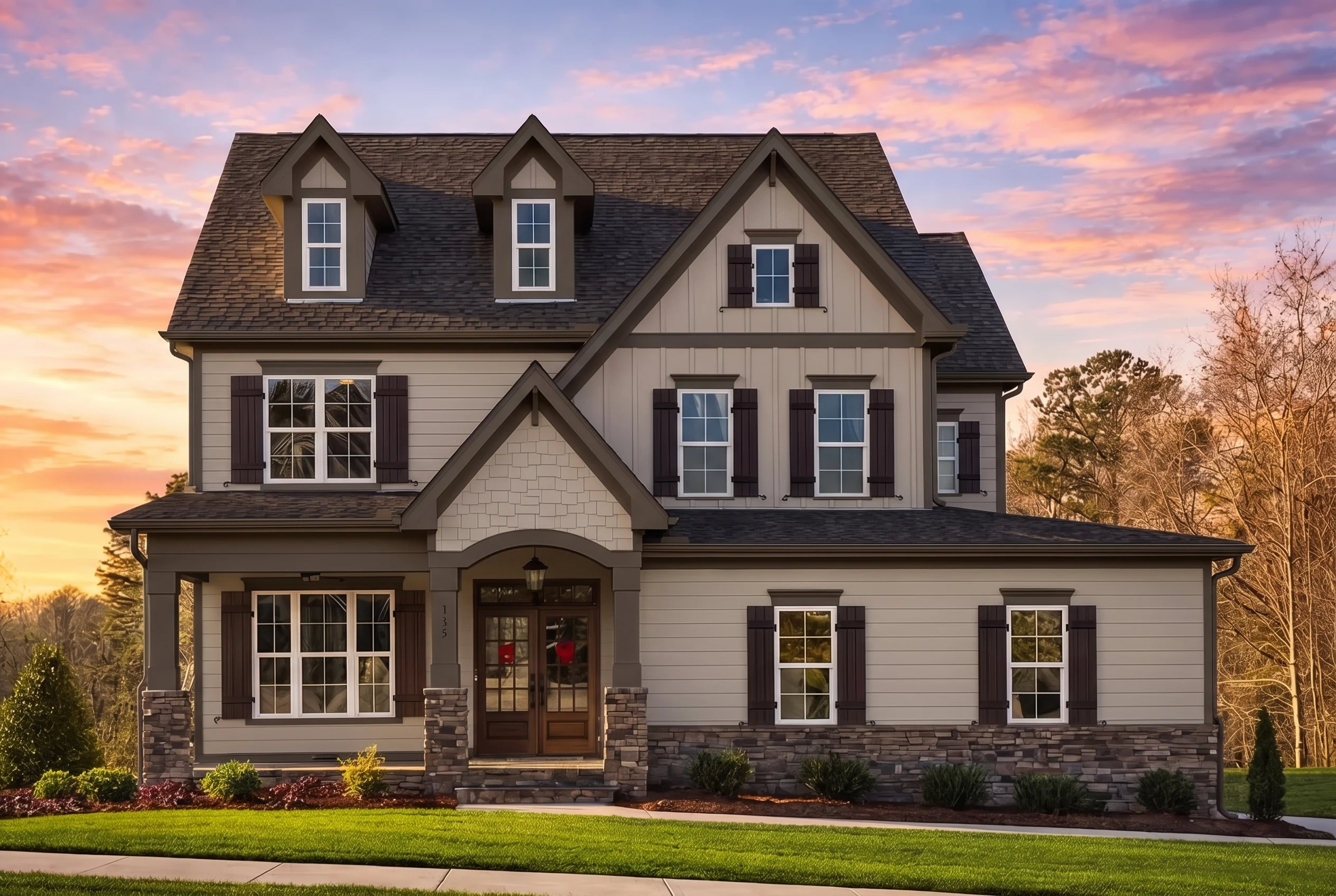 Plan  14-1396 – Poplar Springs Manor  | New American – 5-Bed, 4-Bath, 2,659 SF - Mushroom Taupe, AI-generated exterior concept