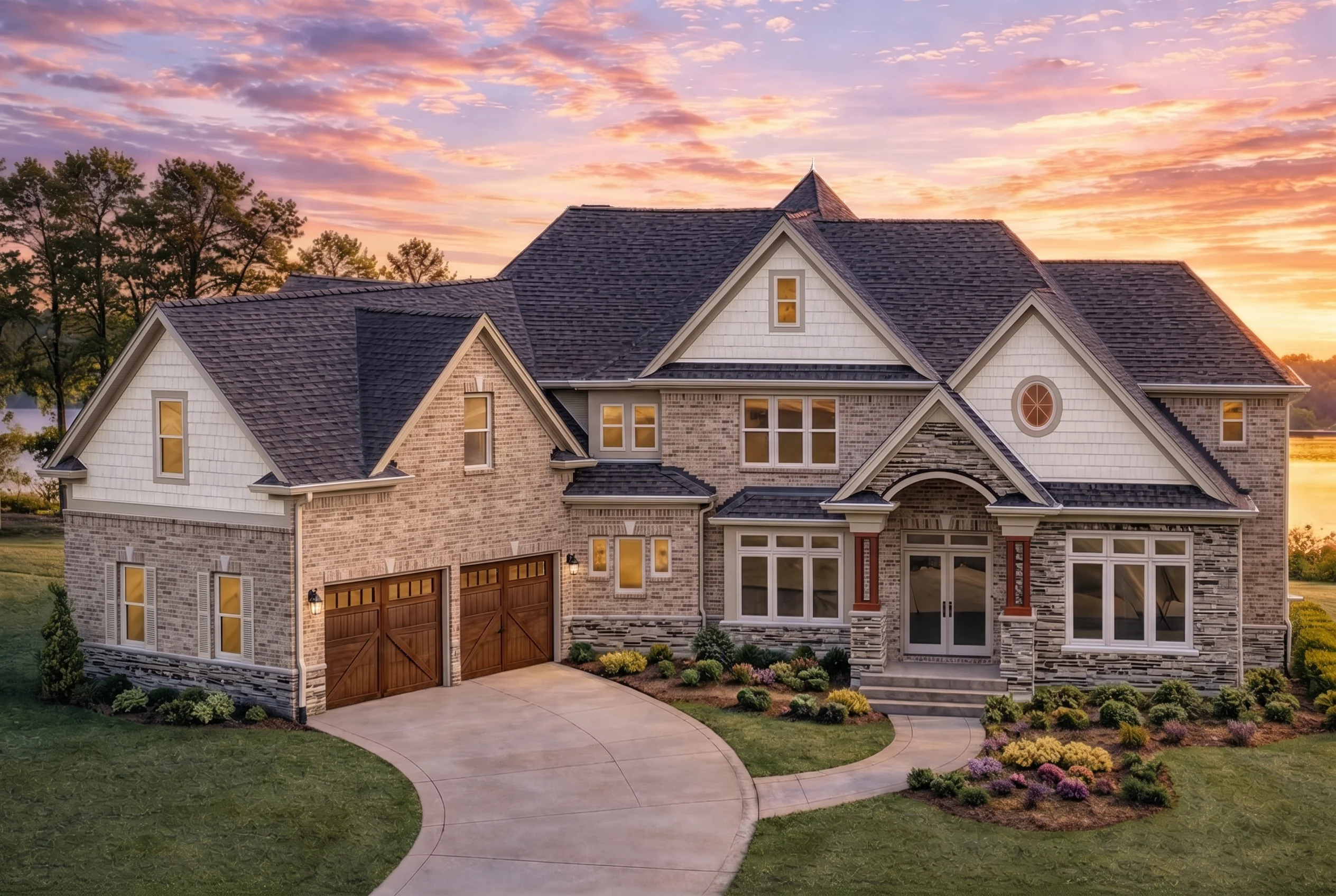 Plan  8-1697 – Bryant Retreat | New  American – 4-Bed, 4-Bath, 5,350 SF - Natural Brick, AI-generated exterior concept