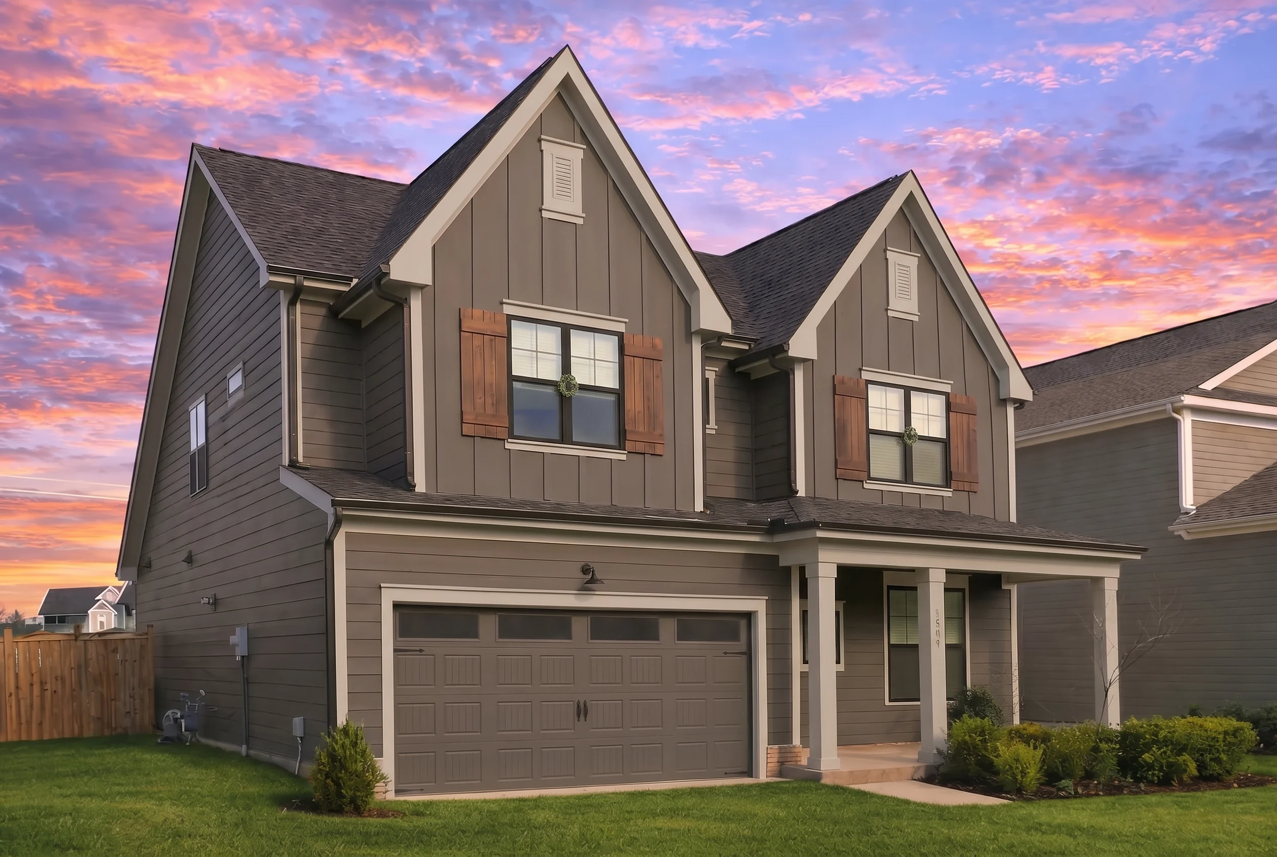 Plan  20-1952 – Brown Ridge | New  American – 3-Bed, 2-Bath, 2,386 SF - Warm Charcoal, AI-generated exterior concept