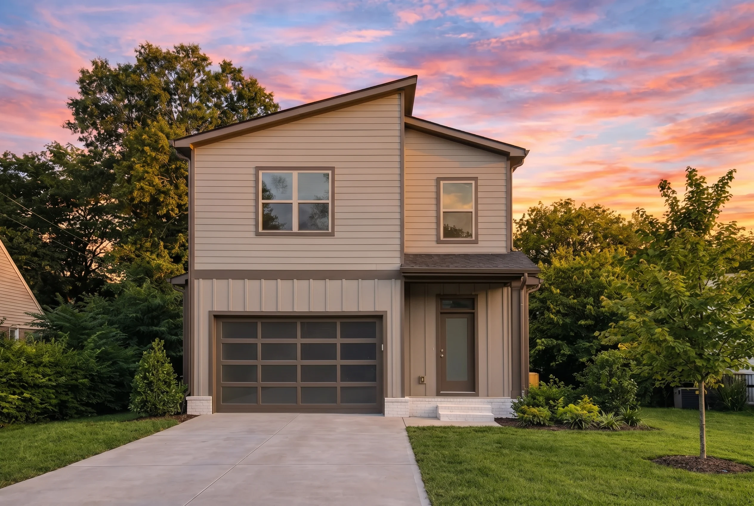 Plan  19-1759 – Barnes Ridge |  Modern Farmhouse – 3-Bed, 2.5-Bath, 1,577 SF - Mushroom Taupe, AI-generated exterior concept