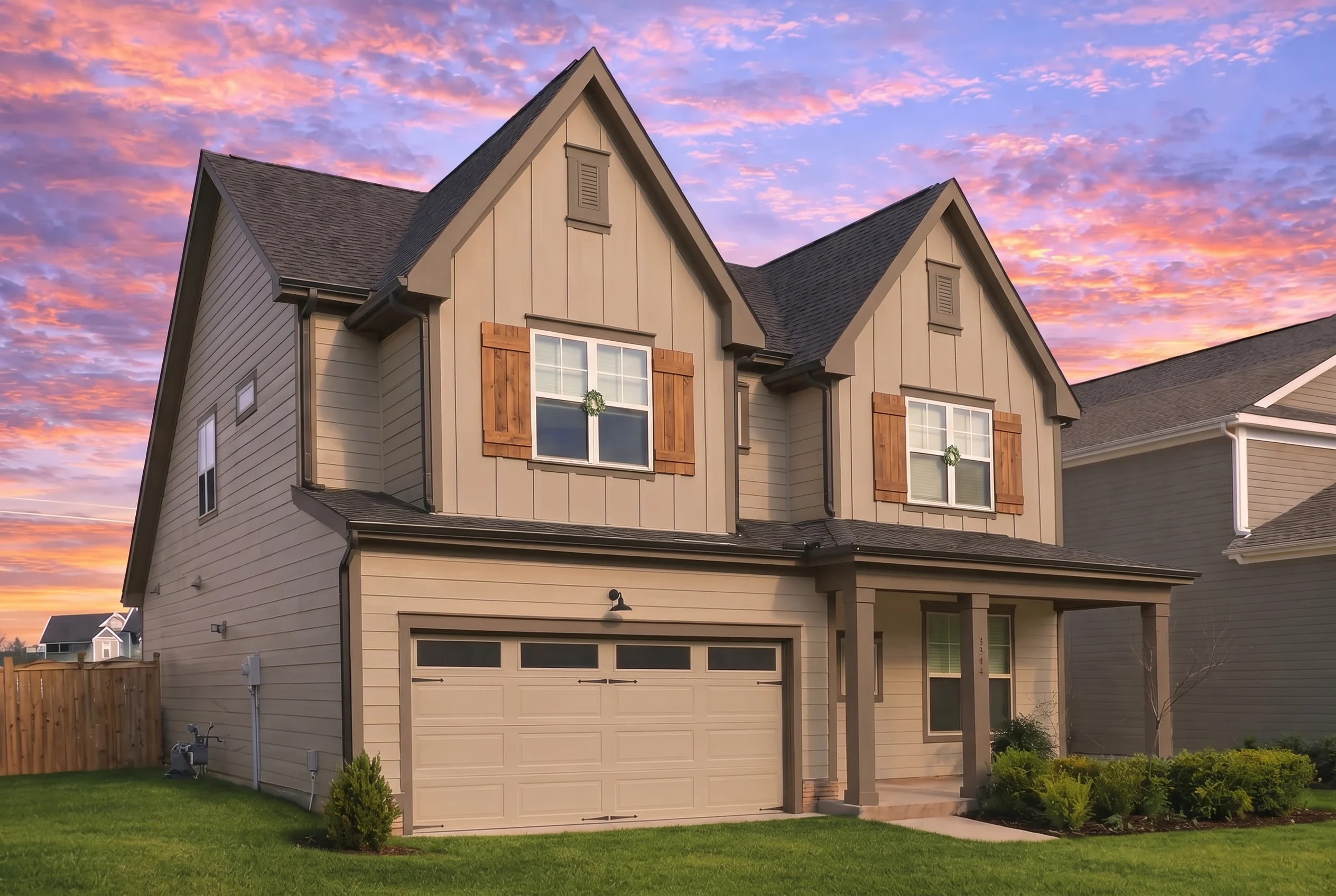 Plan  20-1952 – Brown Ridge | New  American – 3-Bed, 2-Bath, 2,386 SF - Mushroom Taupe, AI-generated exterior concept
