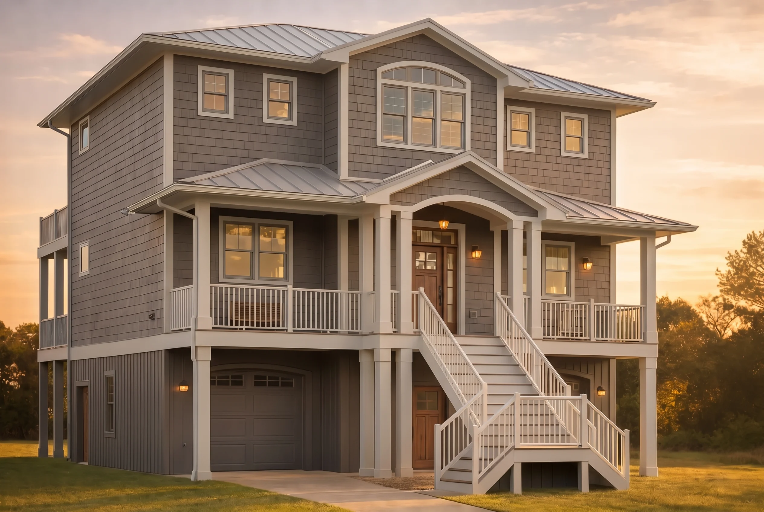 Plan  20-1898 – Smith Lodge |  Coastal Traditional – 4-Bed, 3.5-Bath, 3,237 SF - Warm Charcoal, AI-generated exterior concept