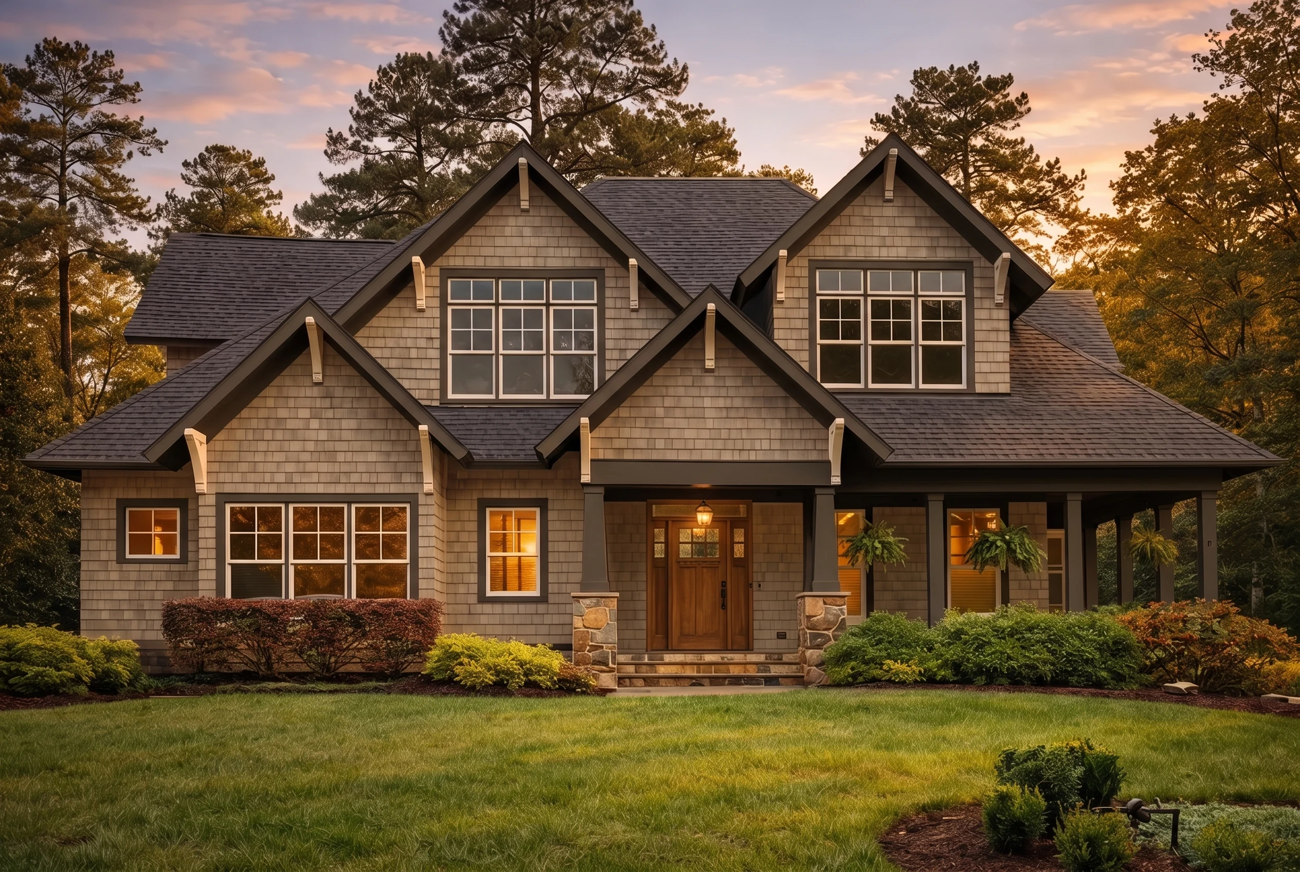 Plan  16-1746 – Hughes Retreat |  Traditional – 6-Bed, 6-Bath, 6,776 SF - Mushroom Taupe, AI-generated exterior concept