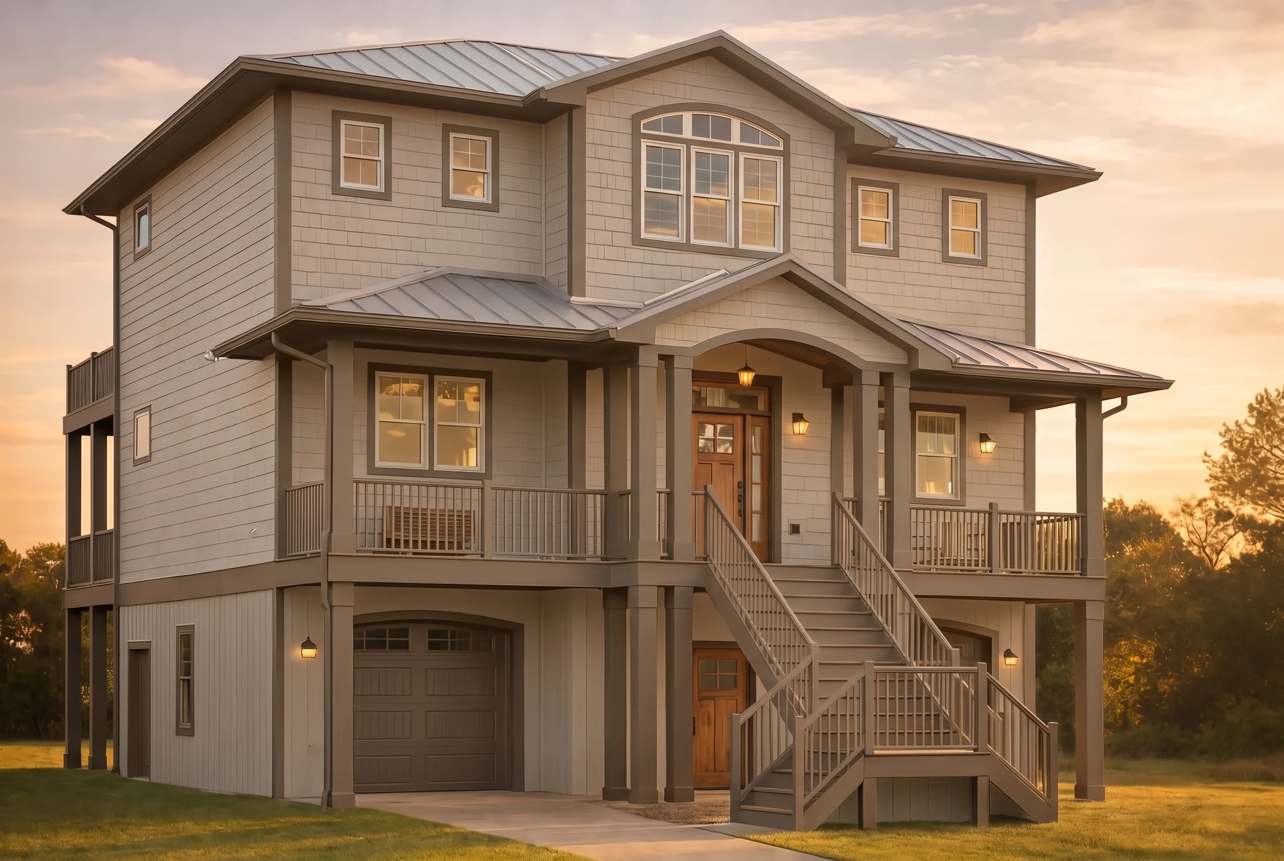 Plan  20-1898 – Smith Lodge |  Coastal Traditional – 4-Bed, 3.5-Bath, 3,237 SF - Mushroom Taupe, AI-generated exterior concept