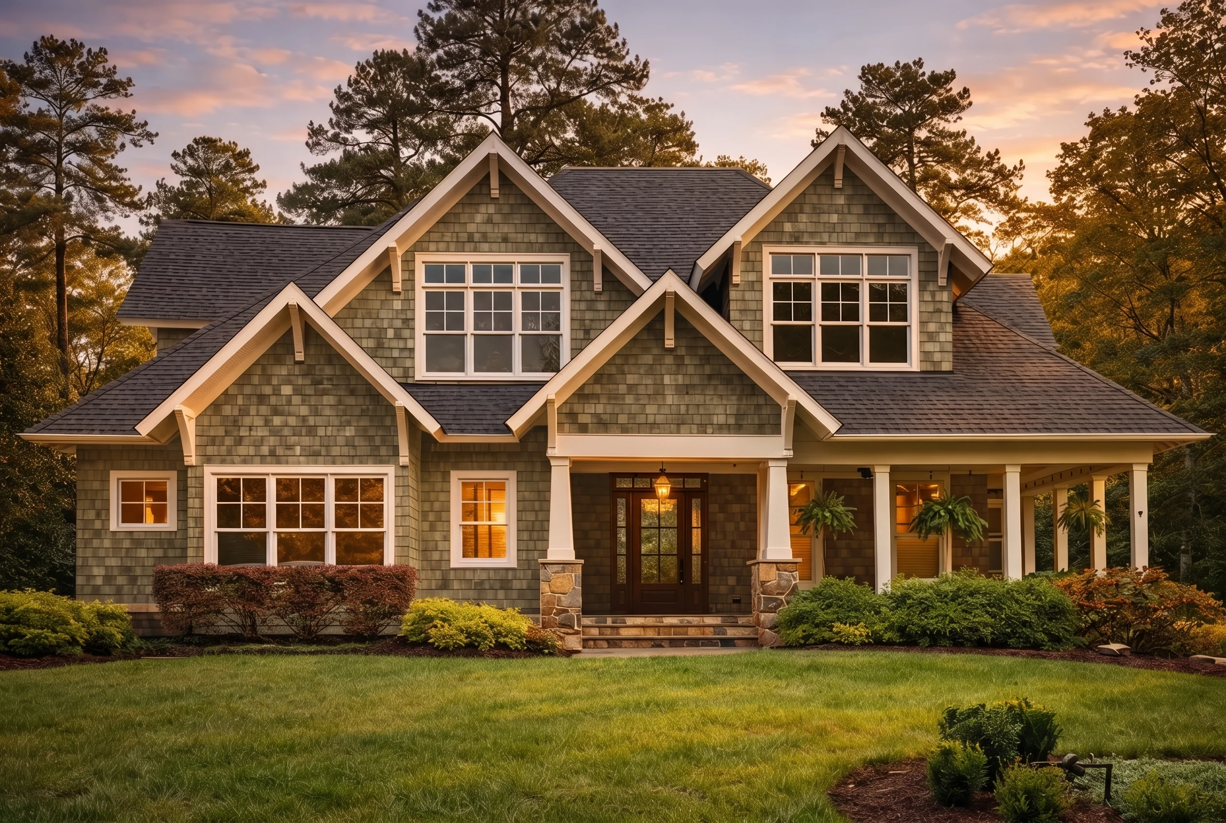Plan  16-1746 – Hughes Retreat |  Traditional – 6-Bed, 6-Bath, 6,776 SF - Muted Sage, AI-generated exterior concept
