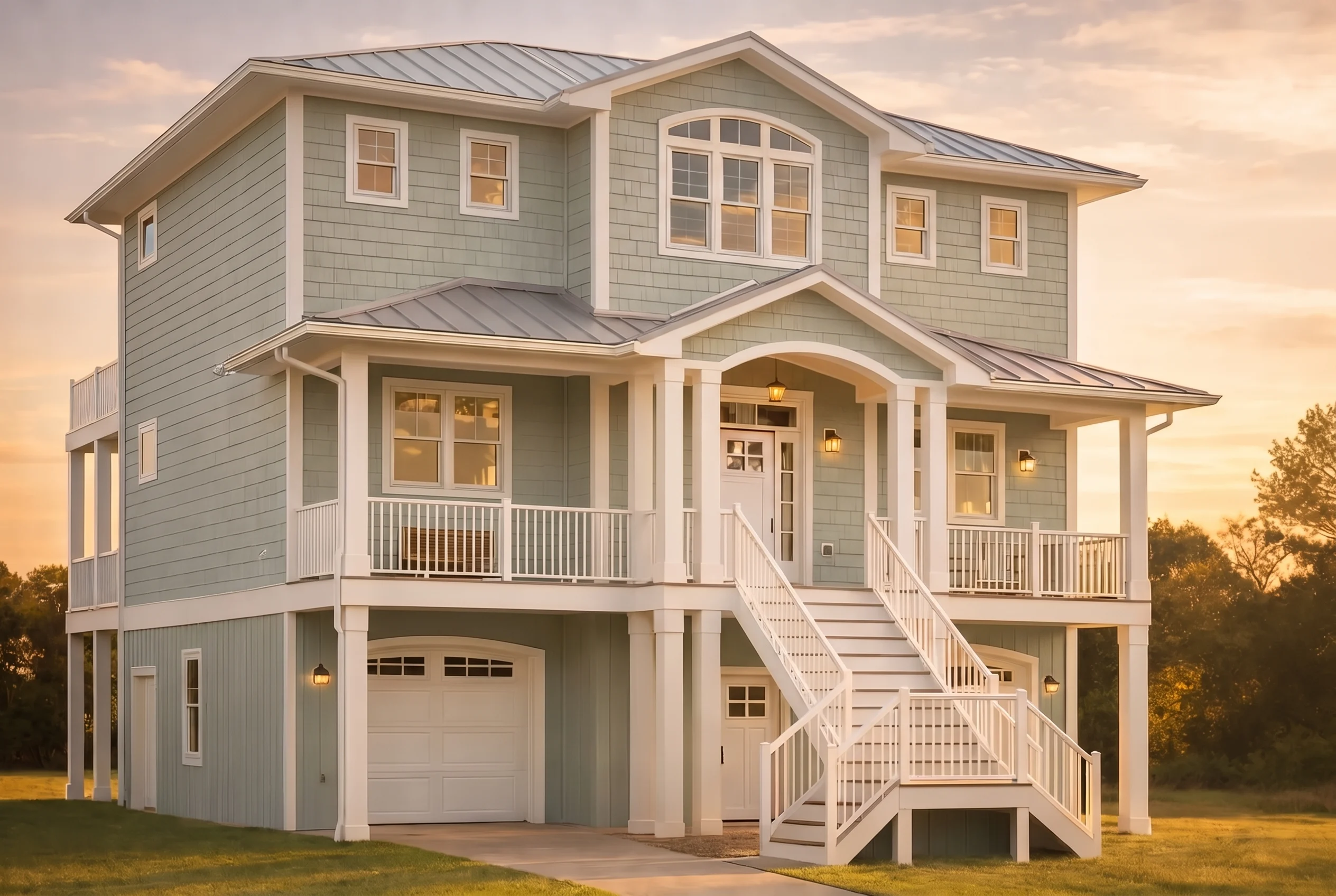 Plan  20-1898 – Smith Lodge |  Coastal Traditional – 4-Bed, 3.5-Bath, 3,237 SF - Muted Sage, AI-generated exterior concept