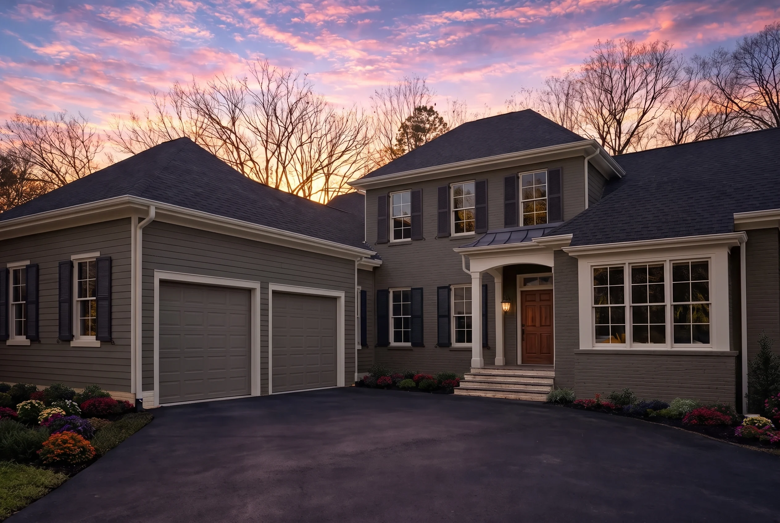 Plan  13-1832 – Hickory Point House  | Colonial – 5-Bed, 4.5-Bath, 4,479 SF - Warm Charcoal, AI-generated exterior concept