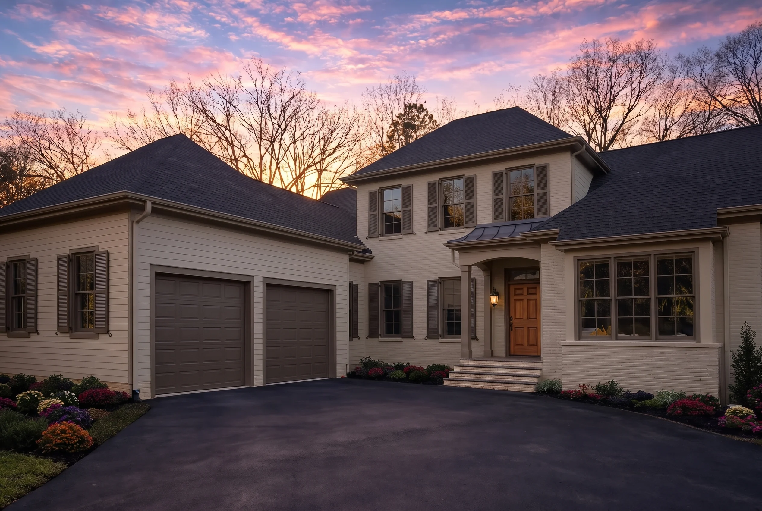 Plan  13-1832 – Hickory Point House  | Colonial – 5-Bed, 4.5-Bath, 4,479 SF - Mushroom Taupe, AI-generated exterior concept