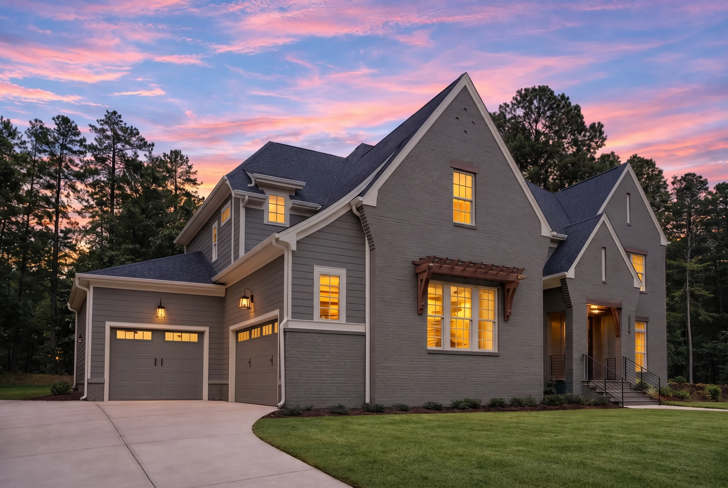 Plan  20-1846B – The Simmons Estate  | New American – 4-Bed, 4.5-Bath, 3,939 SF - Warm Charcoal, AI-generated exterior concept