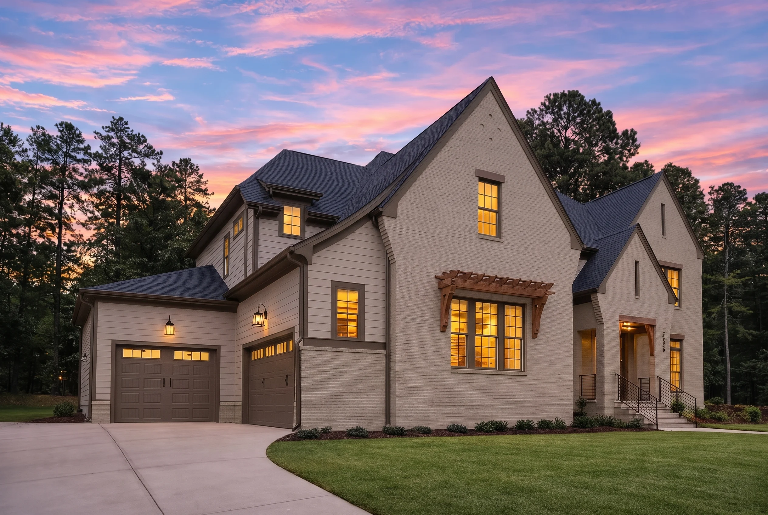 Plan  20-1846B – The Simmons Estate  | New American – 4-Bed, 4.5-Bath, 3,939 SF - Mushroom Taupe, AI-generated exterior concept