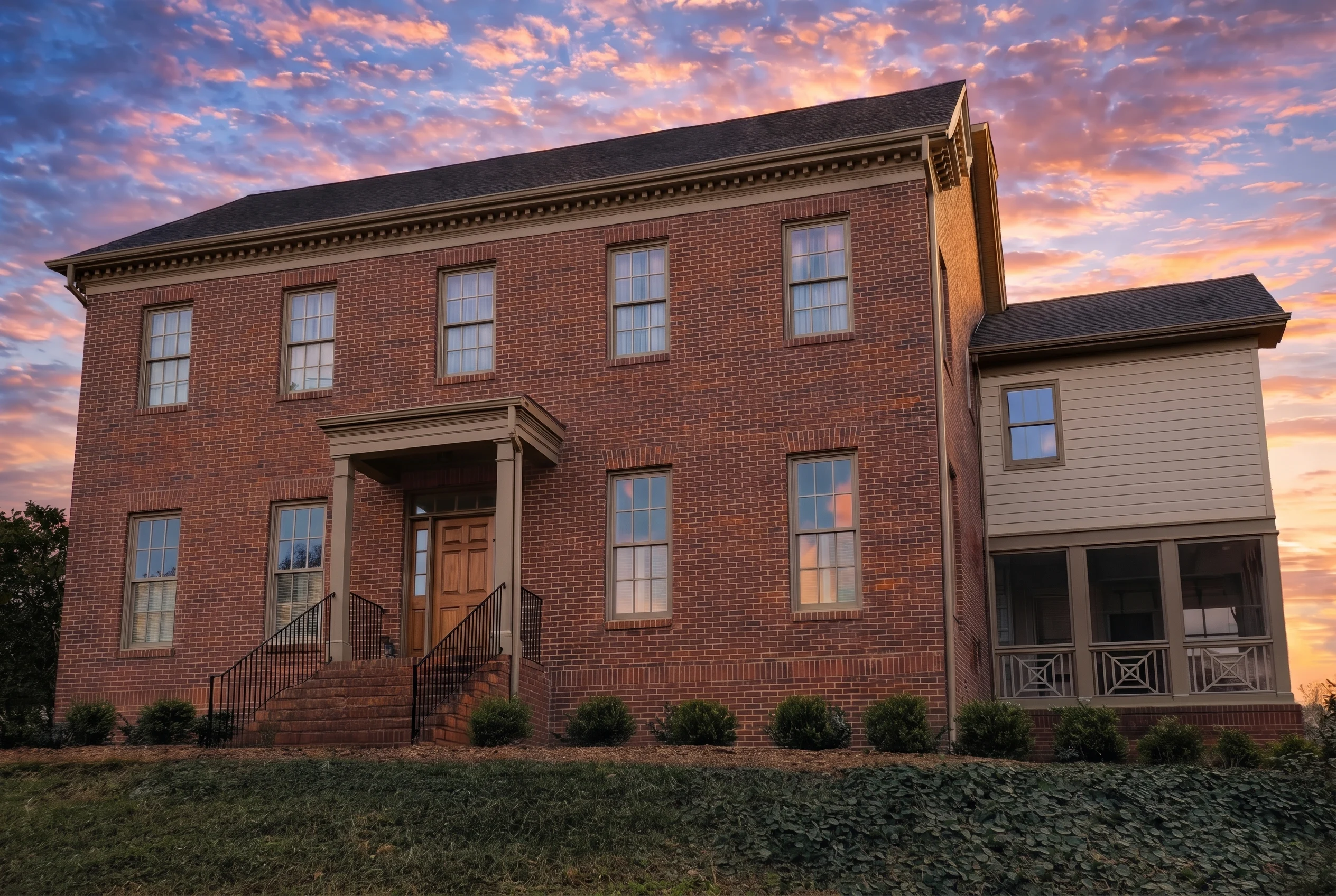 Plan  8-1980 – The Robinson Cottage  | Georgian Colonial – 4-Bed, 4.5-Bath, 3,210 SF - Mushroom Taupe, AI-generated exterior concept