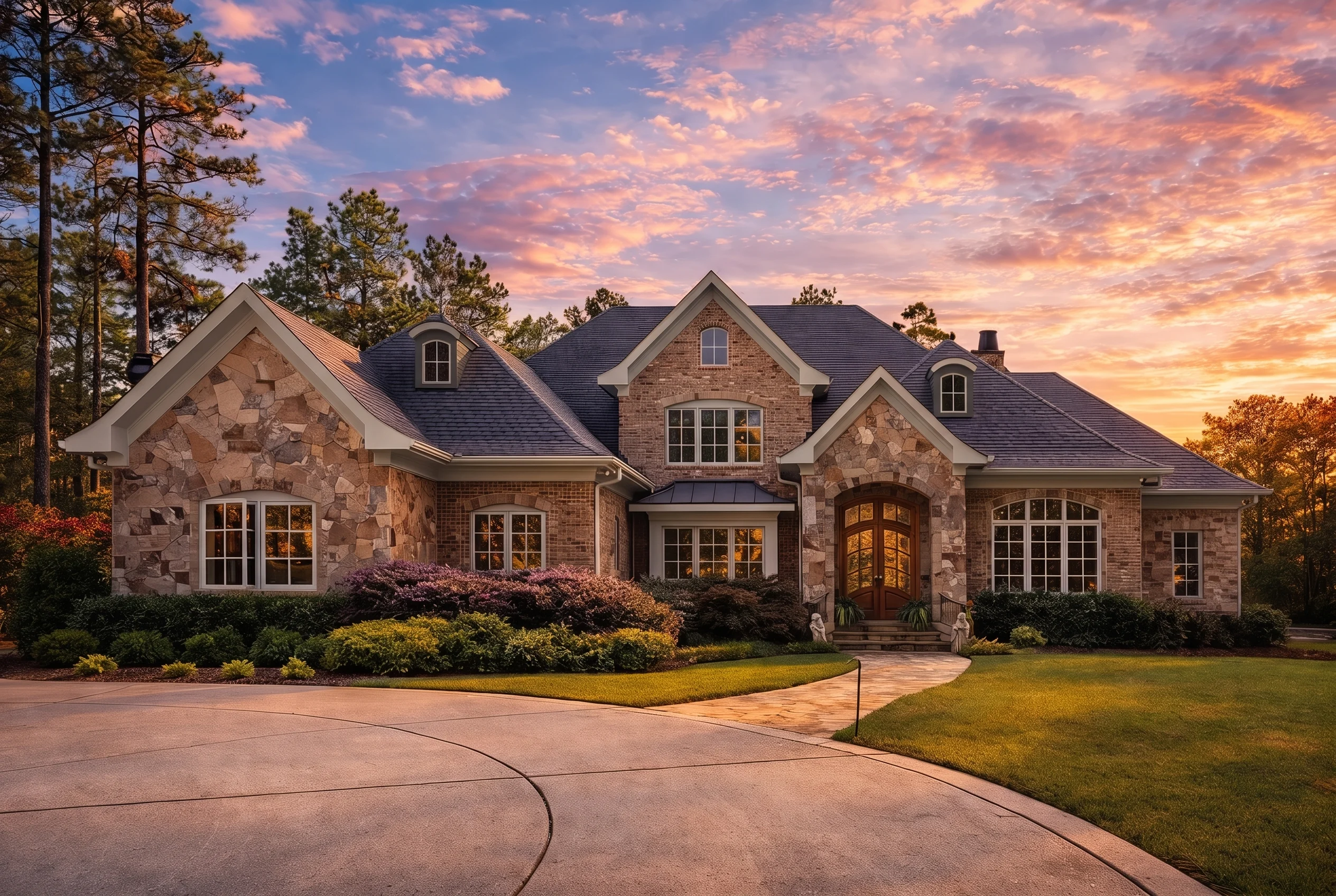 Plan  9-1733 – Georgetown Row |  French Country – 4-Bed, 5-Bath, 6,492 SF - Warm Charcoal, AI-generated exterior concept
