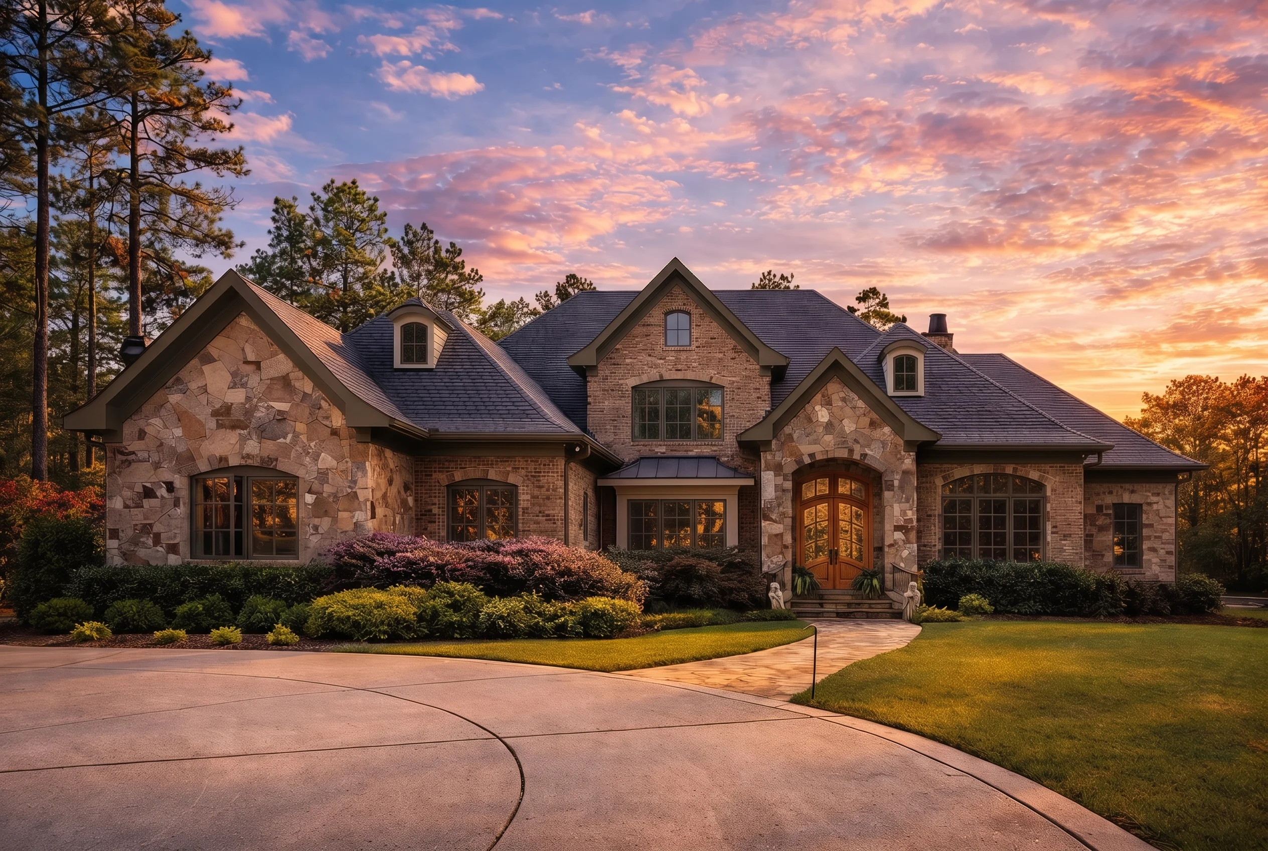 Plan  9-1733 – Georgetown Row |  French Country – 4-Bed, 5-Bath, 6,492 SF - Mushroom Taupe, AI-generated exterior concept