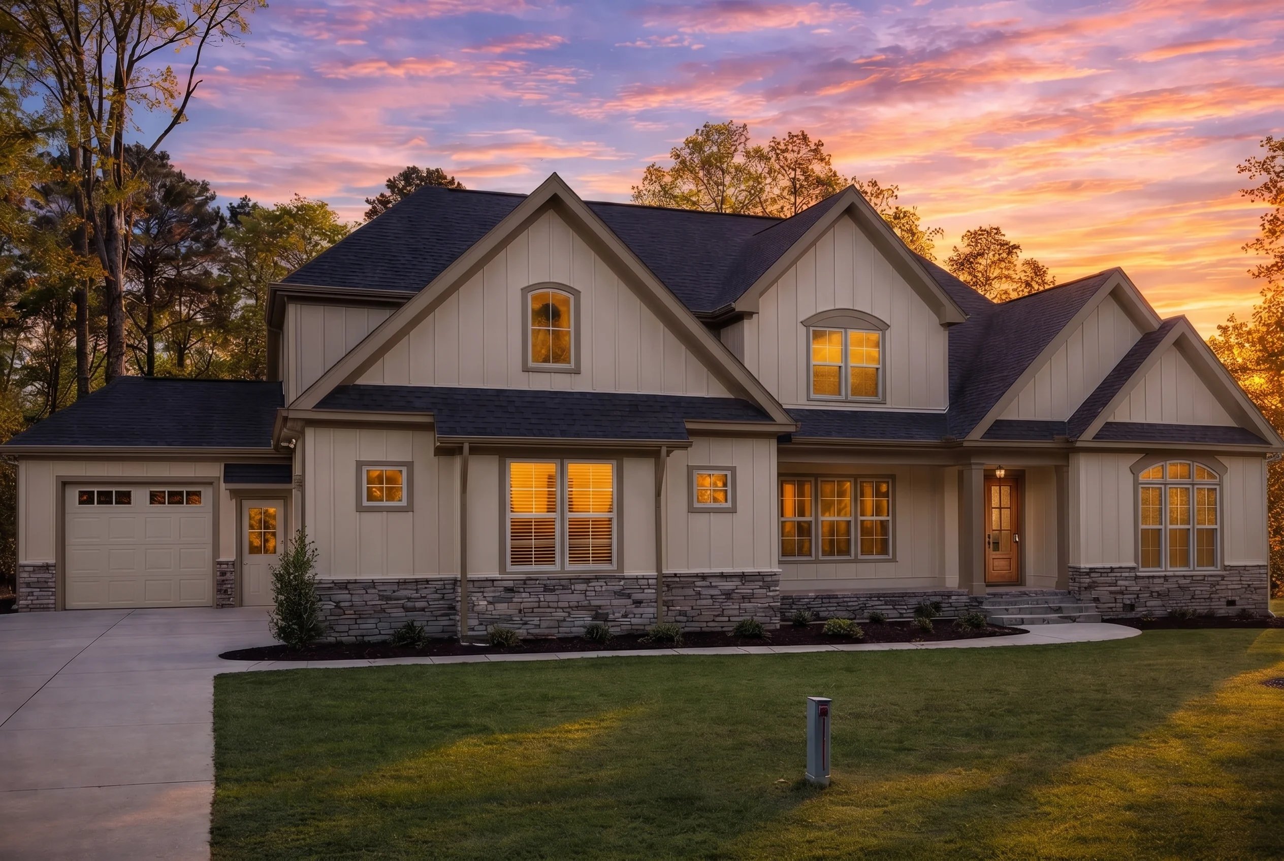 Plan  20-1606 – The Ward Cottage |  New American – 4-Bed, 3-Bath, 3,932 SF - Mushroom Taupe, AI-generated exterior concept