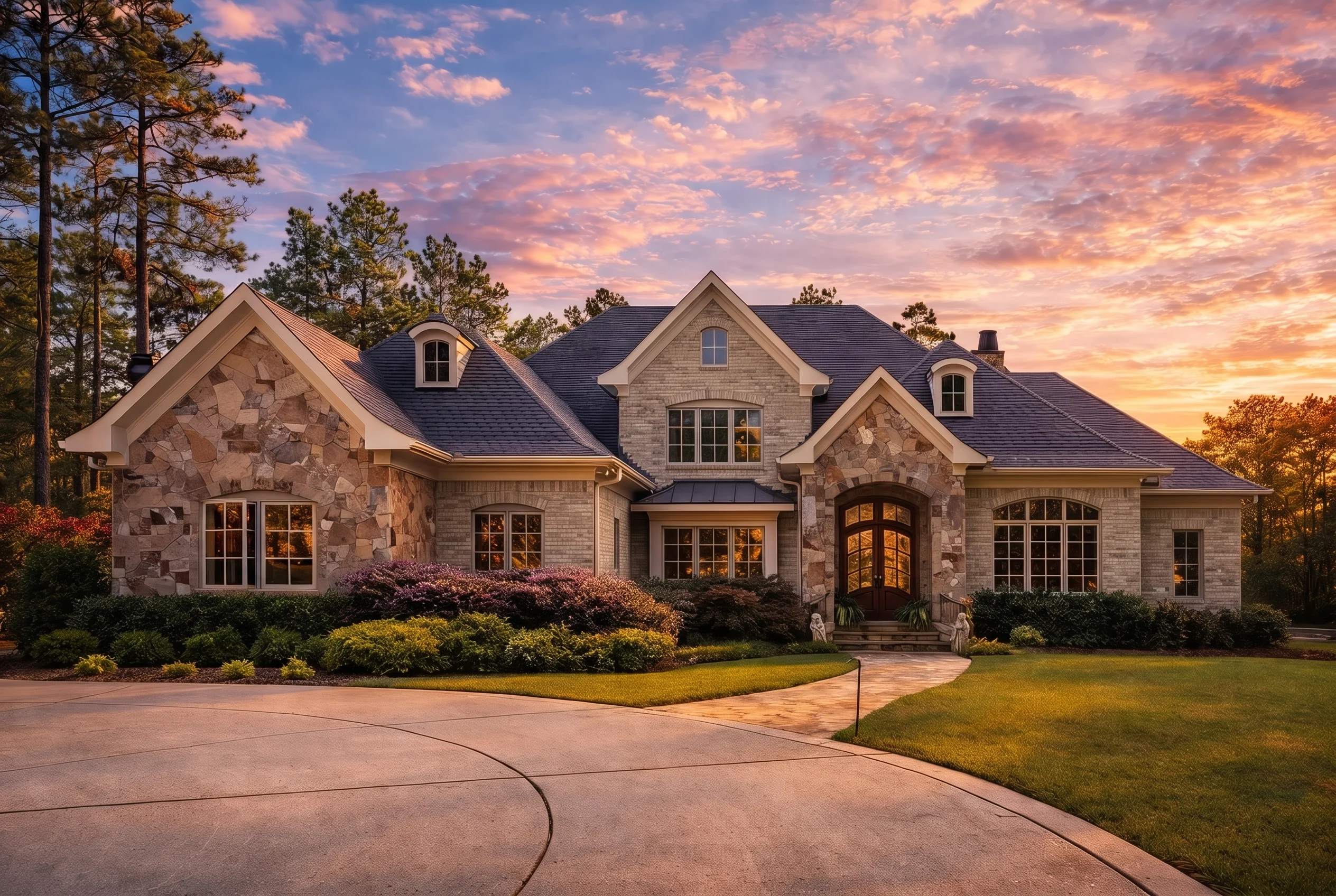 Plan  9-1733 – Georgetown Row |  French Country – 4-Bed, 5-Bath, 6,492 SF - Natural Brick, AI-generated exterior concept