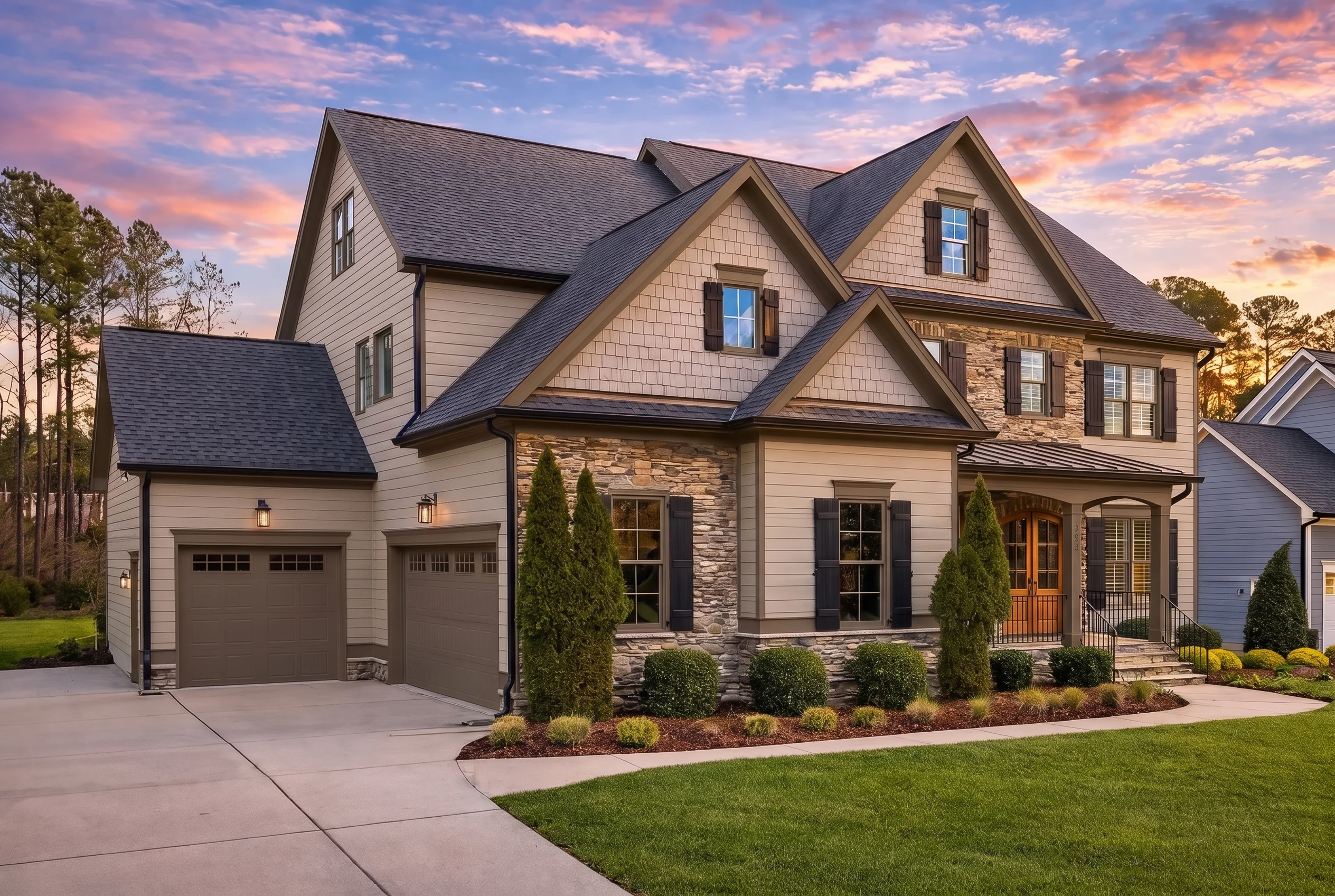 Plan  14-1573 – Ivy Ridge House |  Traditional Colonial – 5-Bed, 4.5-Bath, 3,901 SF - Mushroom Taupe, AI-generated exterior concept