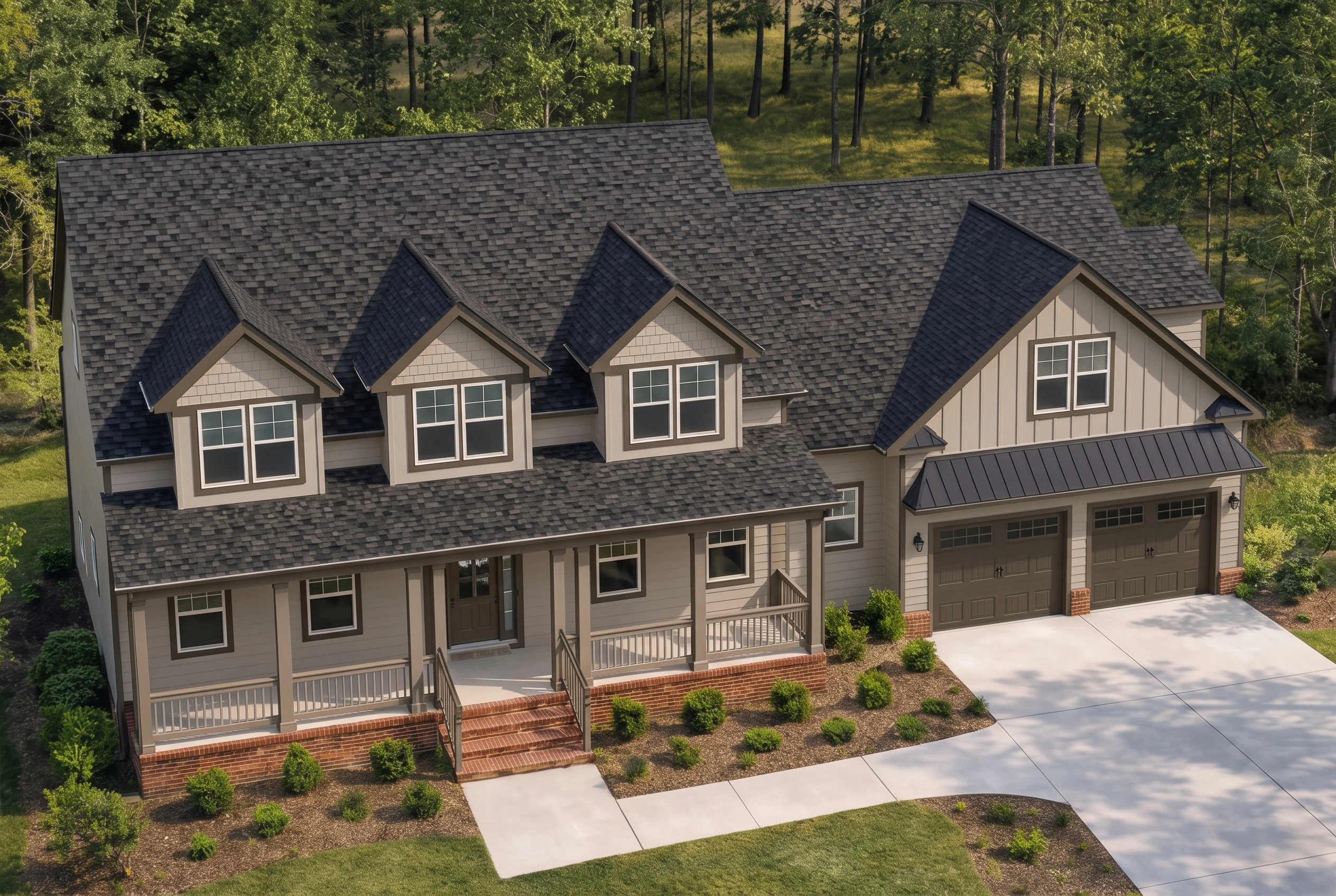 Plan  11-1875 – Hickory Creek Estate  | Traditional Colonial – 4-Bed, 4-Bath, 4,074 SF - Mushroom Taupe, AI-generated exterior concept