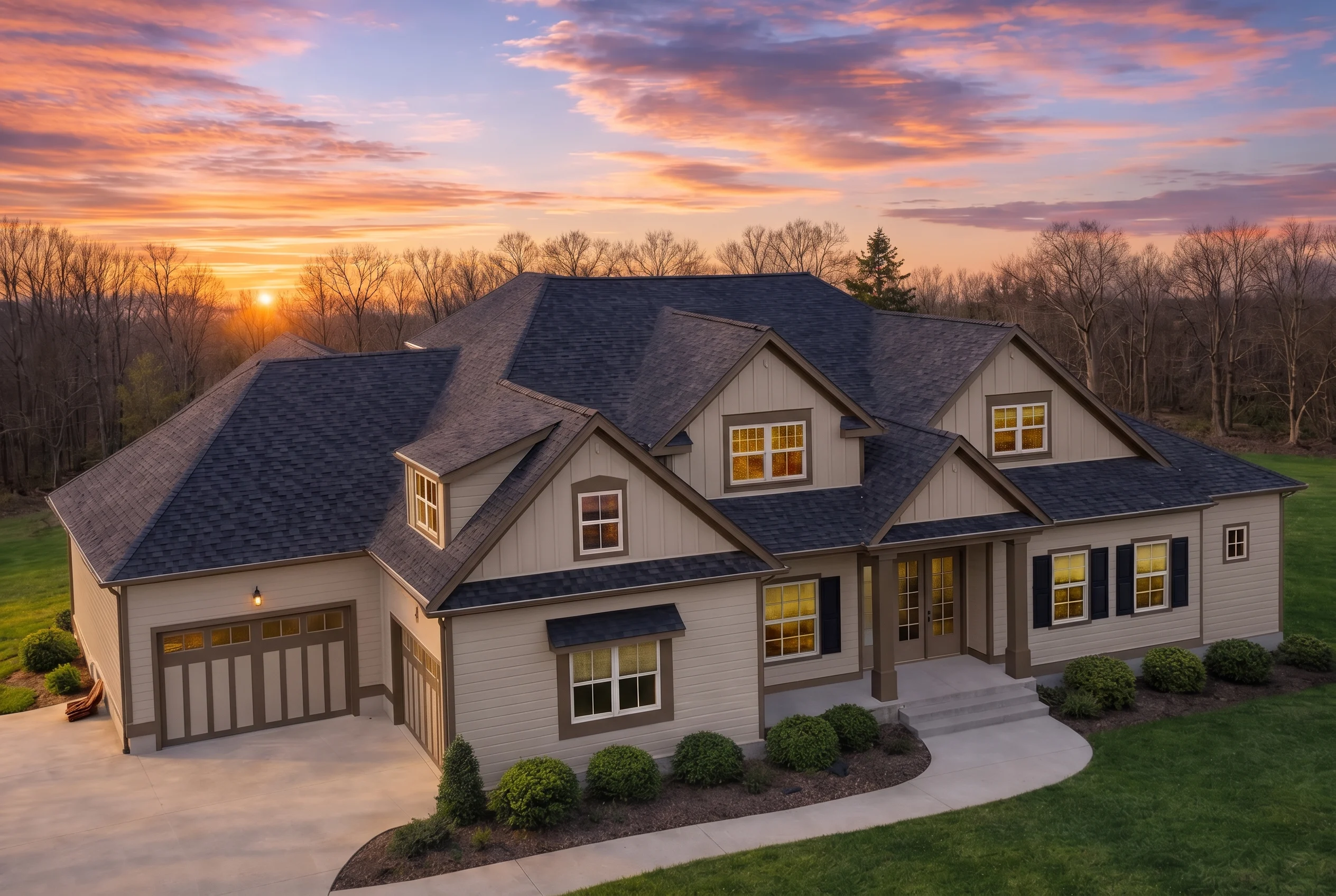 Plan  20-1049 – The Hall Manor | New  American – 5-Bed, 4-Bath, 3,704 SF - Mushroom Taupe, AI-generated exterior concept