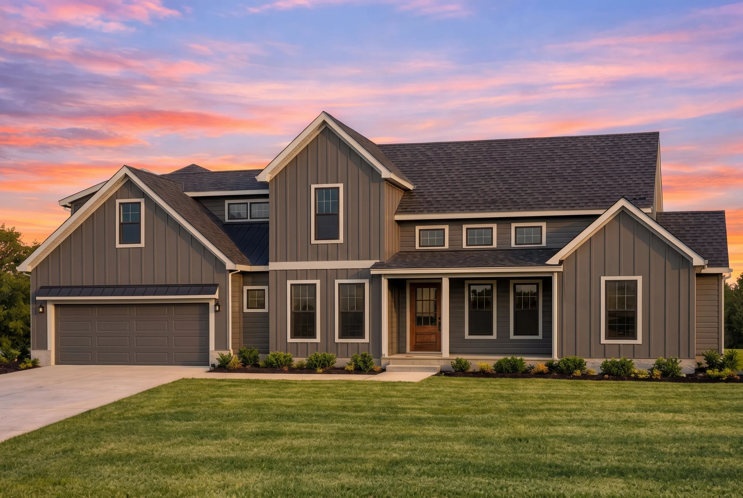 Plan  19-2322 – Moore Meadow |  Modern Farmhouse – 4-Bed, 3-Bath, 2,557 SF - Warm Charcoal, AI-generated exterior concept