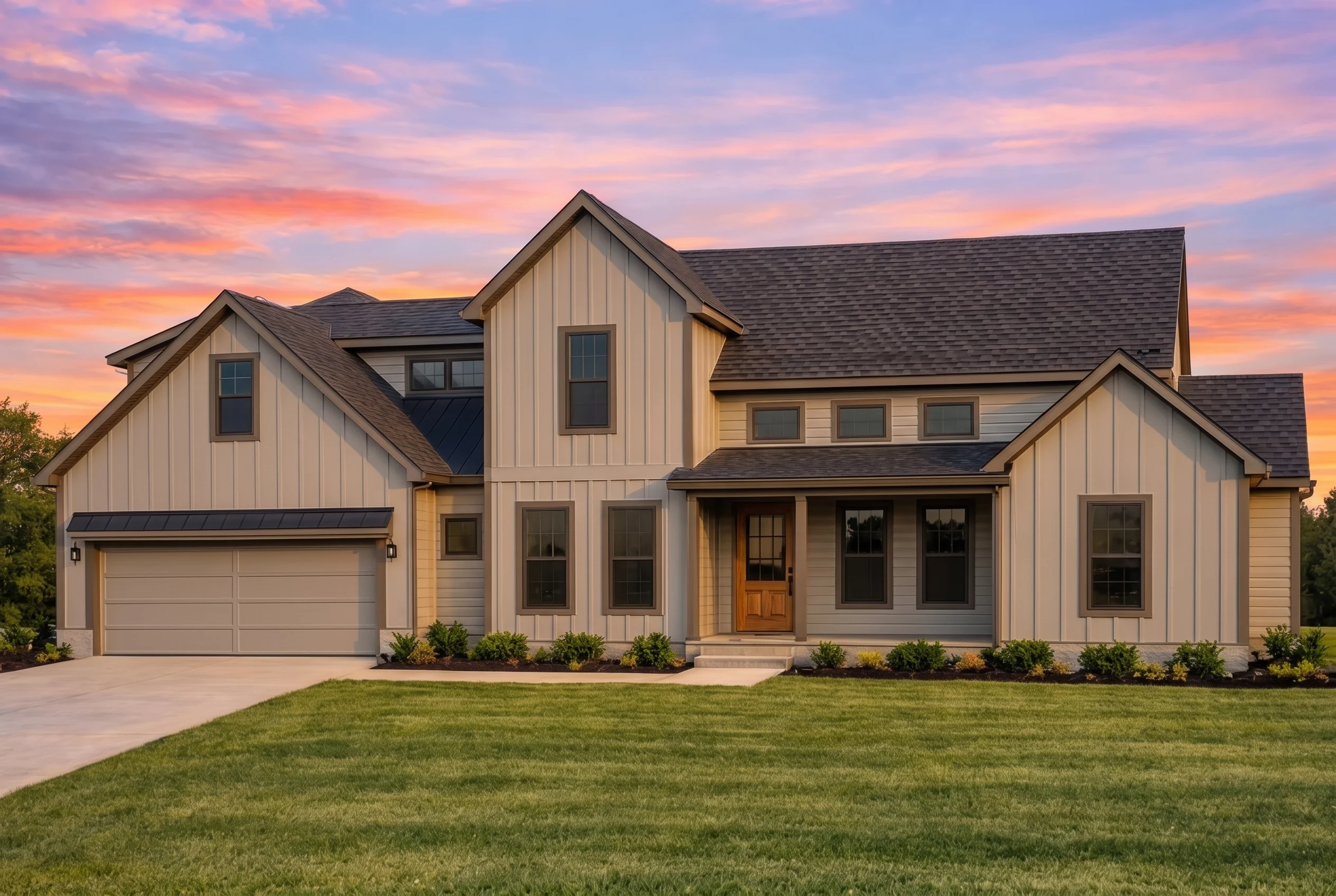 Plan  19-2322 – Moore Meadow |  Modern Farmhouse – 4-Bed, 3-Bath, 2,557 SF - Mushroom Taupe, AI-generated exterior concept