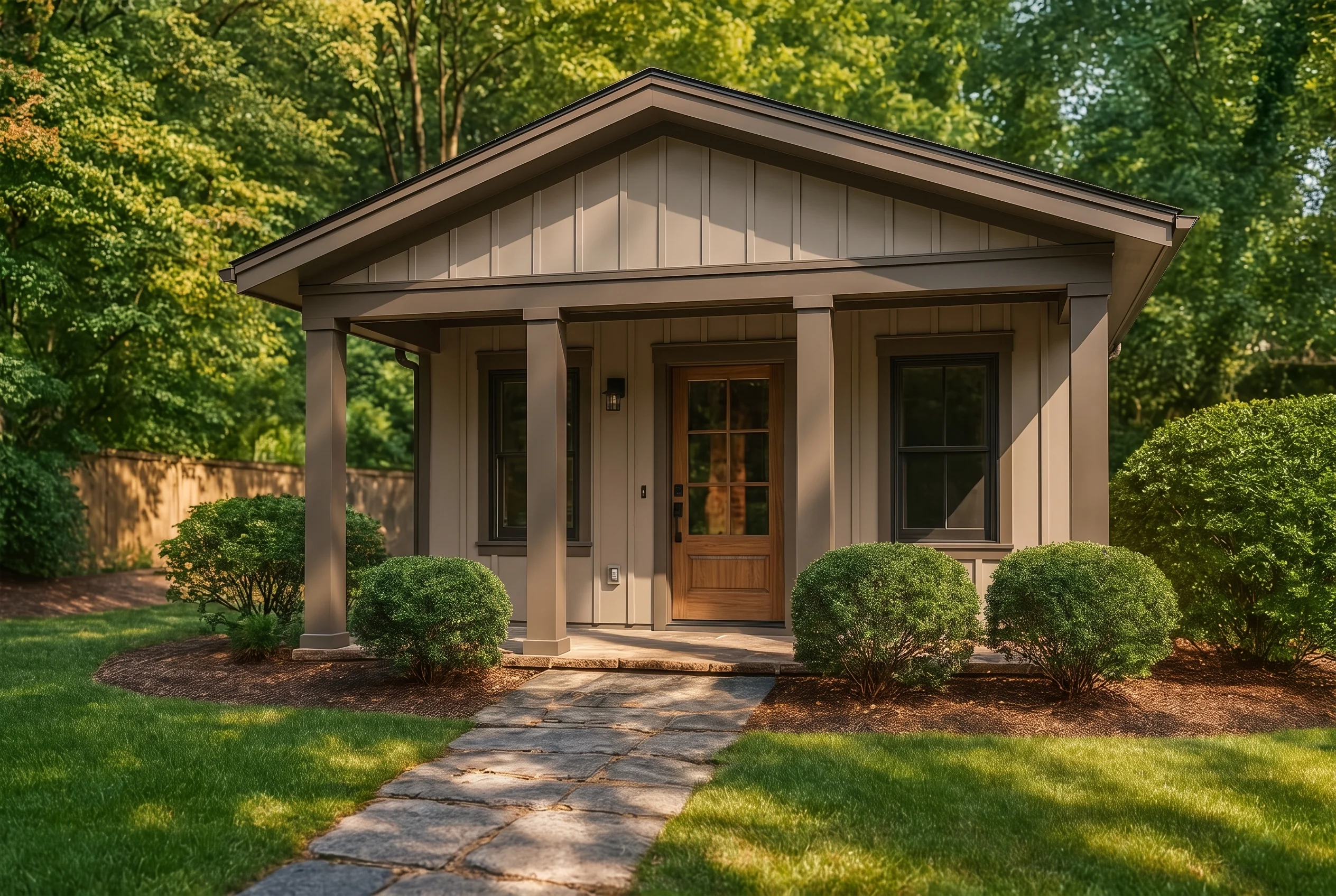 Plan  11-1891 – Walnut Hill Residence  | Craftsman – 1-Bed, 1-Bath, 396 SF - Mushroom Taupe, AI-generated exterior concept